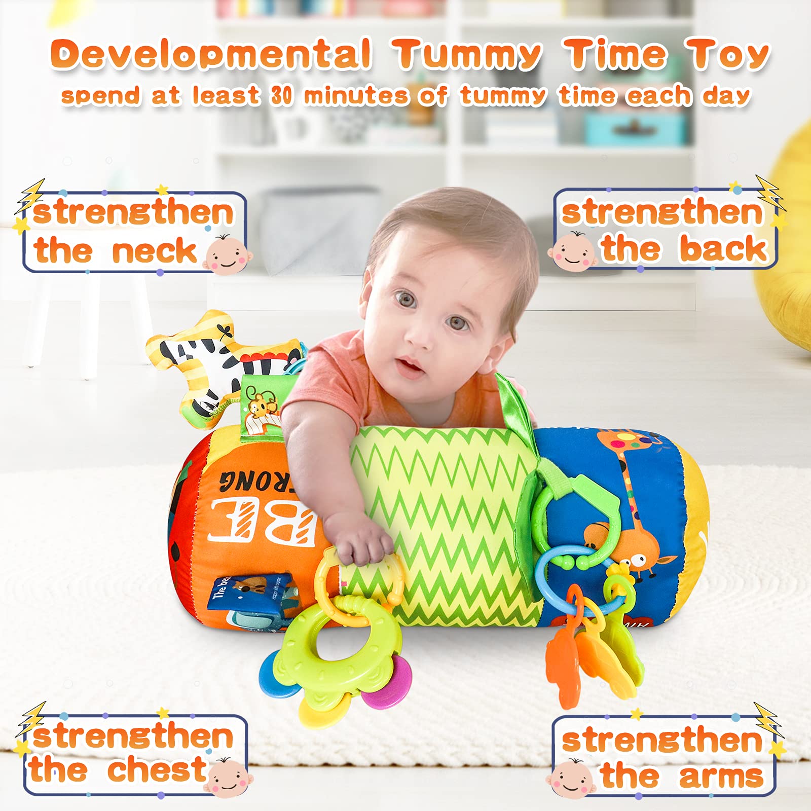 HISTOYE Baby Tummy Time Pillow with Detachable Rattles - Developmental Crawling Roller Toy for Newborns 0-3-6-9-12 Months - Infant Sensory Play Mat for Early Learning & Motor Skills - Perfect for Nursery, Daycare & Playtime