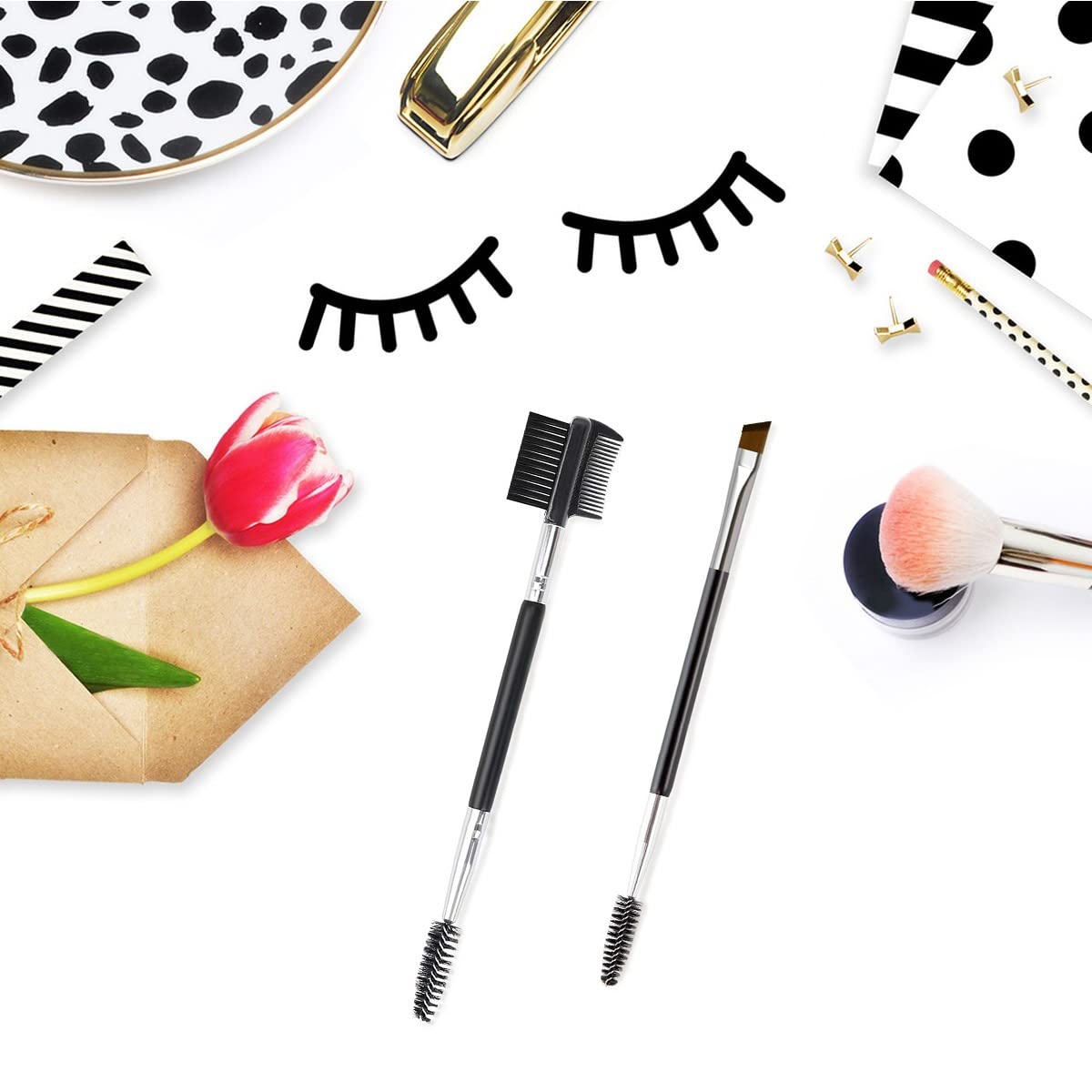 2PCS Professional Eyebrow & Eyelash Brush Set - Double-Ended Angled Brow Brush with Spoolie & 3-Head Eyelash Comb | Perfect for Shaping, Grooming & Styling Eyebrows & Lashes | Ideal for Home Makeup, Salon Use & Travel Beauty Kit