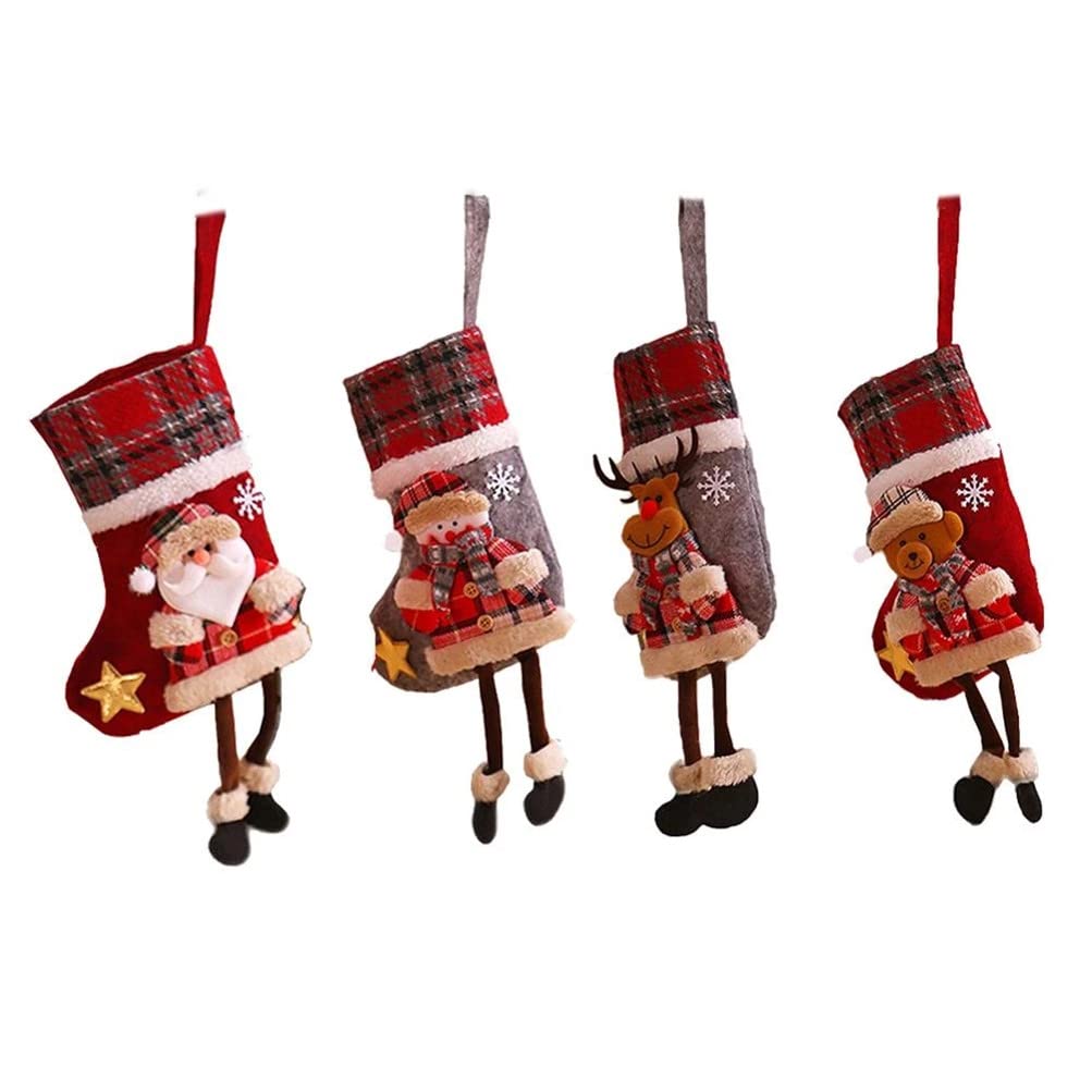 LISAQ Christmas Stockings - 4 Pack Santa Claus Cartoon Print Burlap Stockings for Fireplace Decor, Xmas Party & Holiday Home Decoration | Perfect for Gift Exchange, Mantel Decor & Festive Celebrations