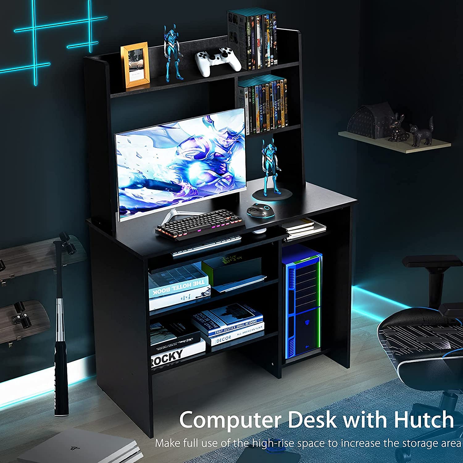 CHEFJOY Modern Computer Desk with Hutch & Bookshelf - Wooden Study Writing Desk with Storage Shelves, Home Office Laptop Table with Keyboard Tray - Space-Saving Design for Small Spaces (Black) | Perfect for Home Office, Study Room & Small Apartments