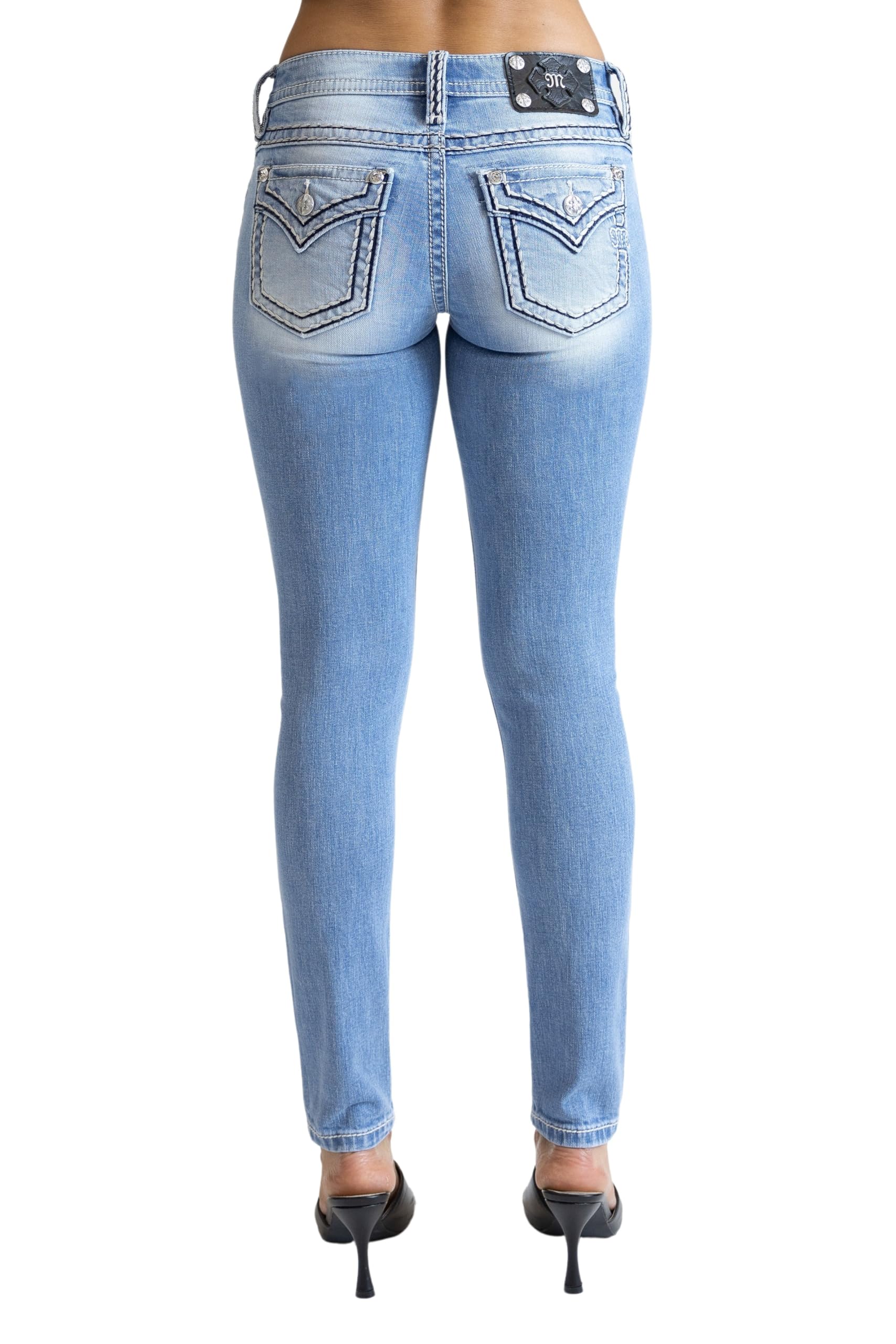 Miss Me Women's Low-Rise Skinny Jeans - Black & White Stitch Detail with Faux Flap Pockets, Stretchy Slim Fit Denim Pants for Casual Wear & Night Out