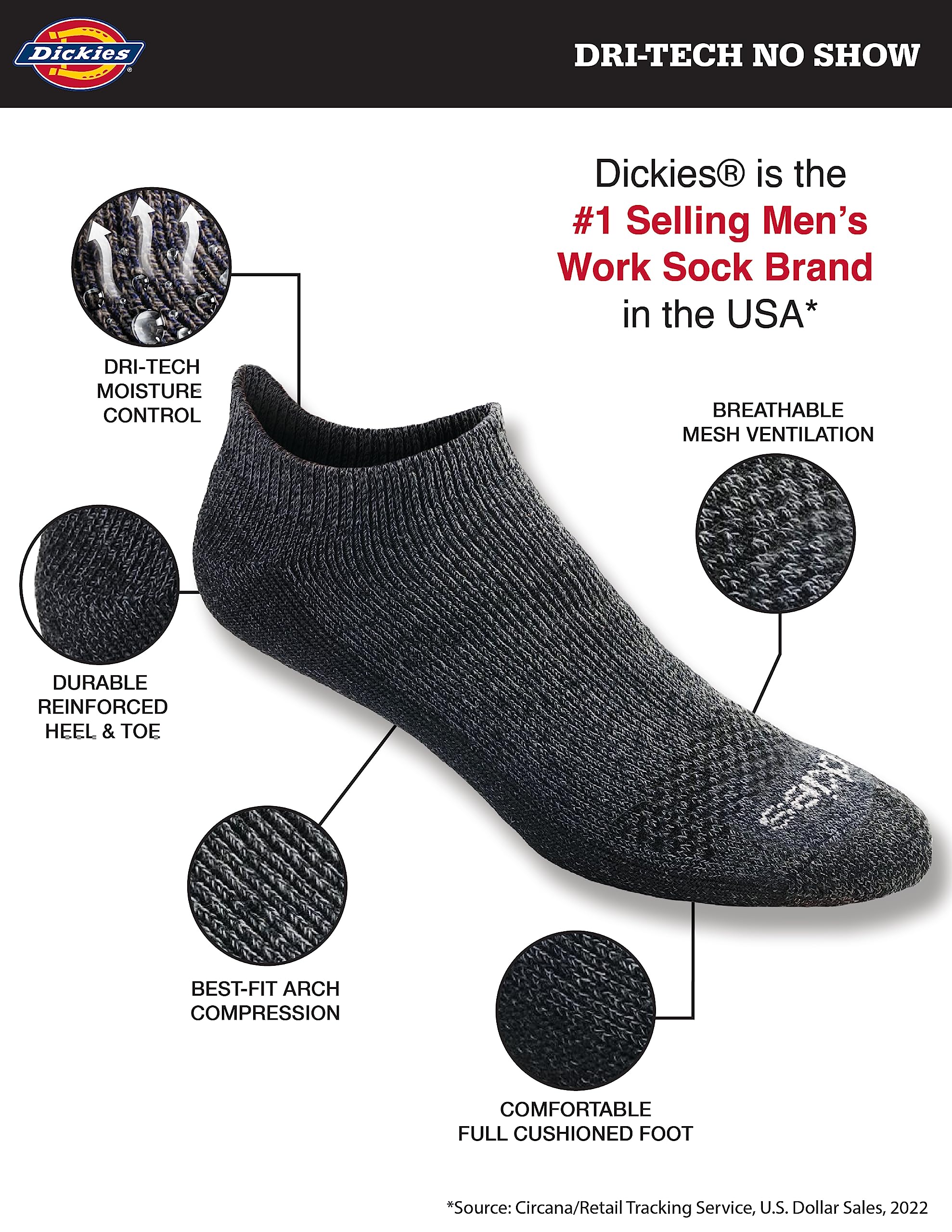 Dickies Men's Dri-Tech Moisture Control No Show Socks - Breathable & Odor Resistant (6 or 12 Pairs, Sizes M-XXL) - Perfect for Work, Gym & Everyday Wear