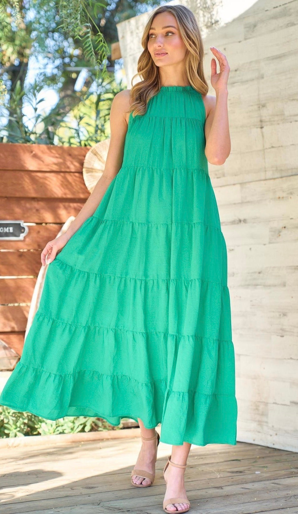 Julie Women's Tiered Maxi Dress - Flowy Boho Summer Dress in Kelly Green for Beach, Vacation & Casual Outings