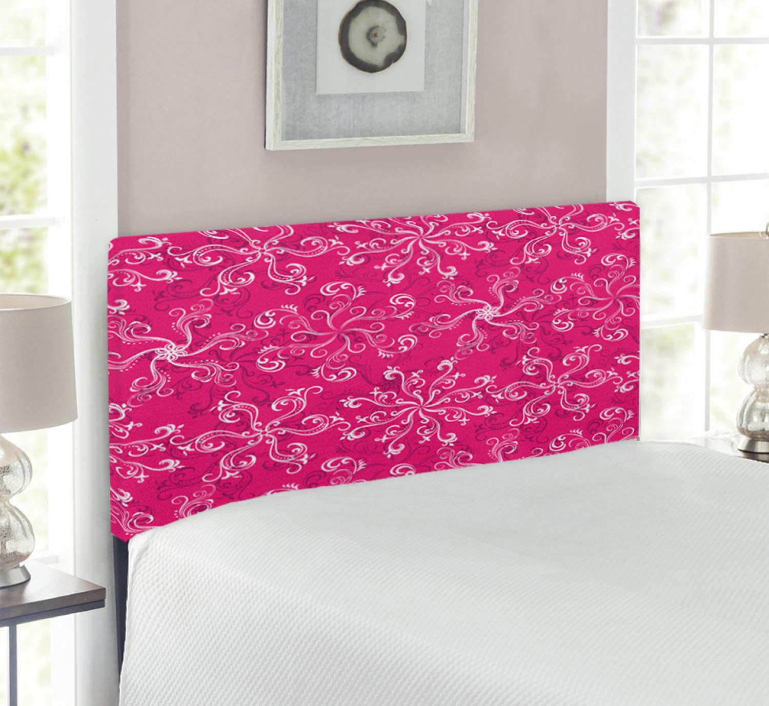 Ambesonne Floral Upholstered Headboard - Twin Size Hot Pink with White & Purple Bloom Design, Memory Foam Padding for Bedroom Decor | Perfect for Girls' Room, Guest Bedroom & Dormitory