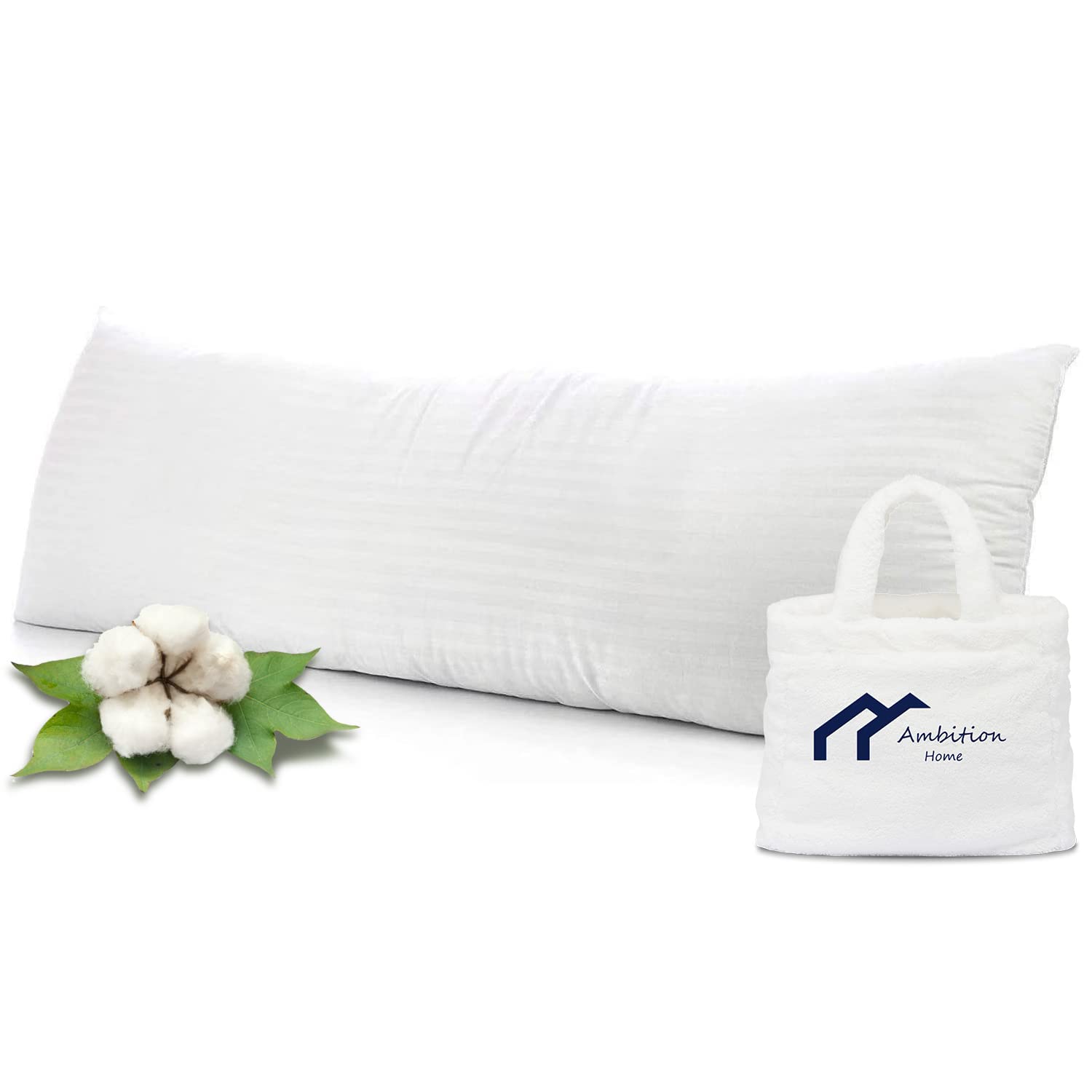 Ambition Home 20x60 Inch Body Pillow Cover - 100% Soft Egyptian Cotton, Premium 500 Thread Count with Zipper Closure (White Striped) - Perfect for Pregnancy Support, Back Pain Relief & Comfortable Sleeping