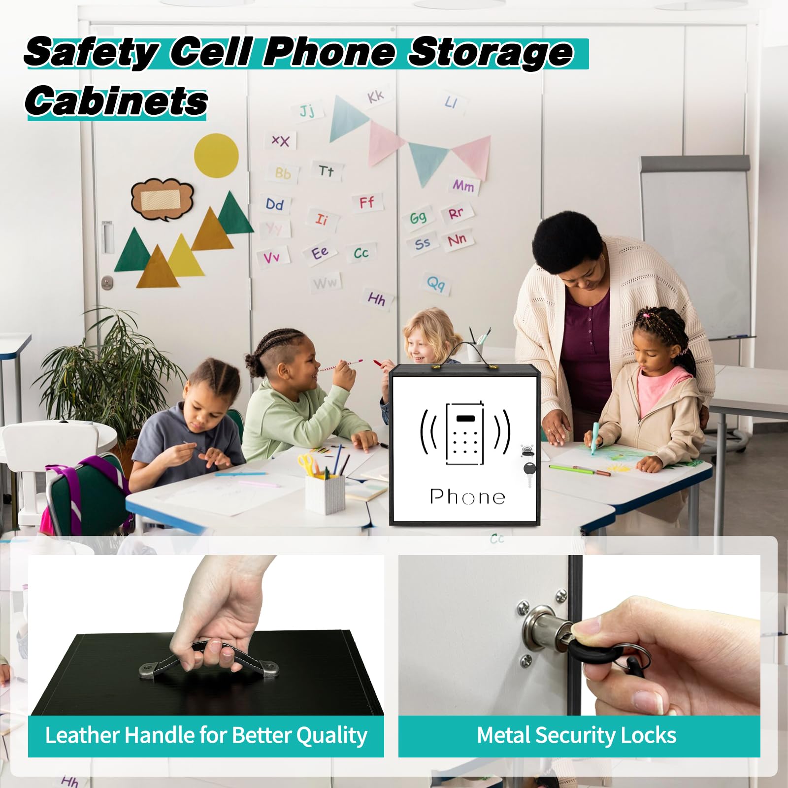 HZE 31-Slot Wooden Cell Phone Holder with Handle & Security Lock - Desktop Phone Storage Cabinet for Classroom, Office, Home - Organize Phones in Meetings, Lectures & Workspaces (Black)