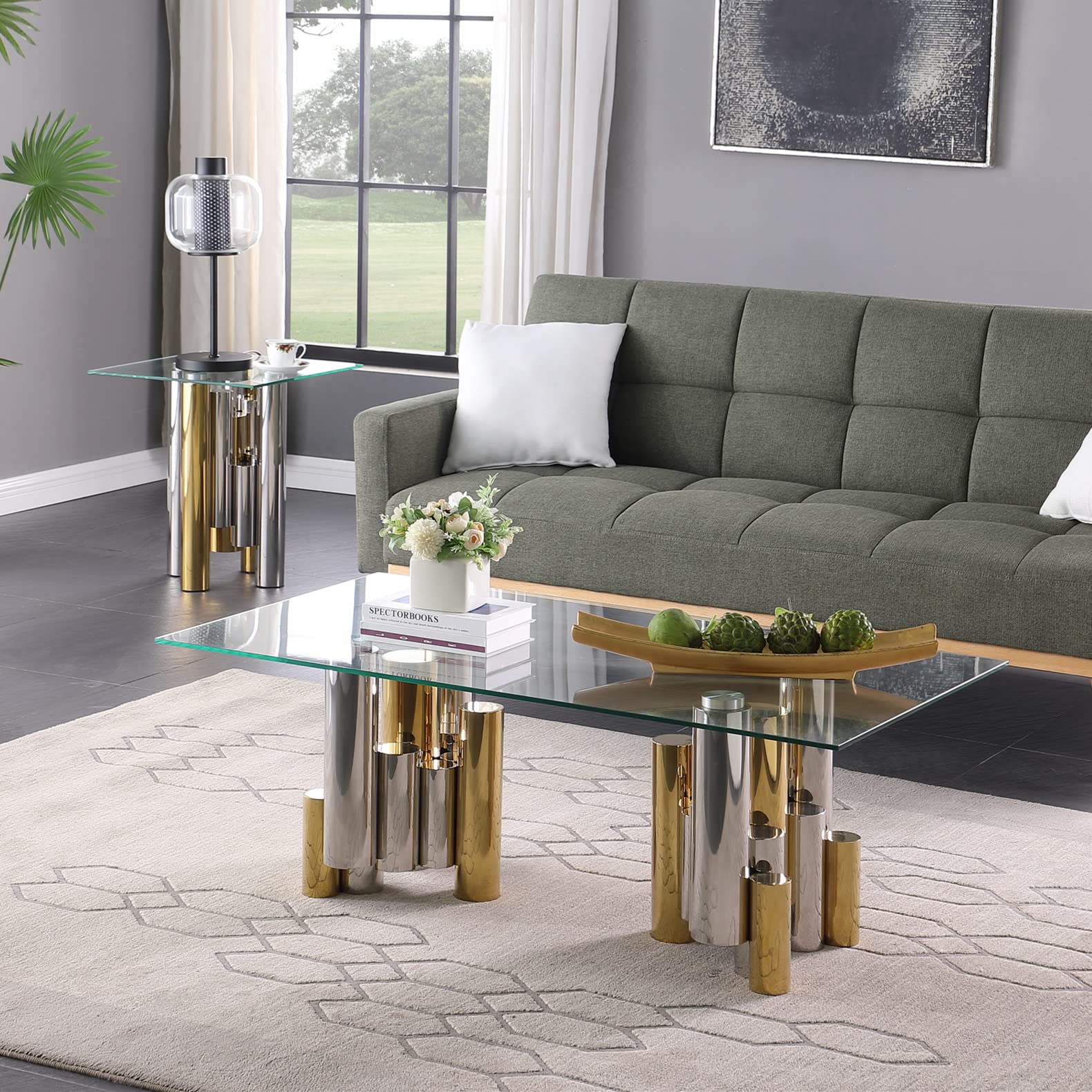 Luxury Clear Glass Coffee Table with Gold/Silver Irregular Stainless Steel Base - Modern Rectangular Living Room Center Table for Home & Office - Perfect for Cocktail Parties, Lounge Decor & Contemporary Interior Design