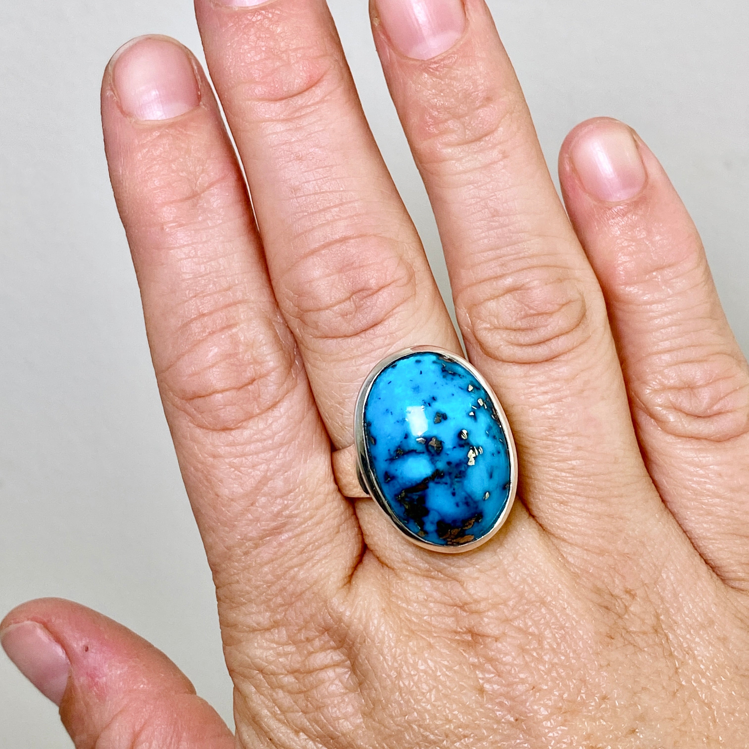 Natural Persian Turquoise with Pyrite Oval Cabochon Ring - Size 10 - Handmade Iranian Gemstone Jewelry for Women - Perfect for Boho, Western & Everyday Fashion