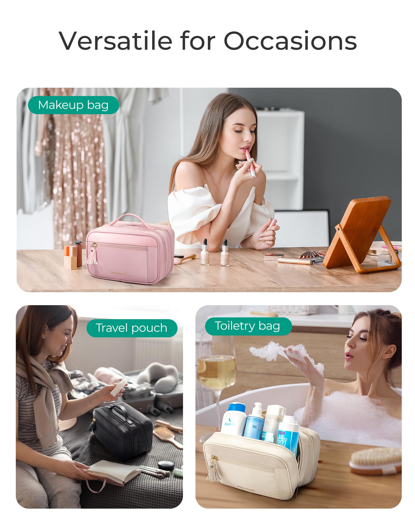 BAGSMART Large Capacity Travel Makeup Bag for Women - Waterproof Cosmetic Organizer with Wide Opening for Toiletries, Brushes & Bottles | Perfect for Travel, Gym & Daily Essentials (Light Pink)