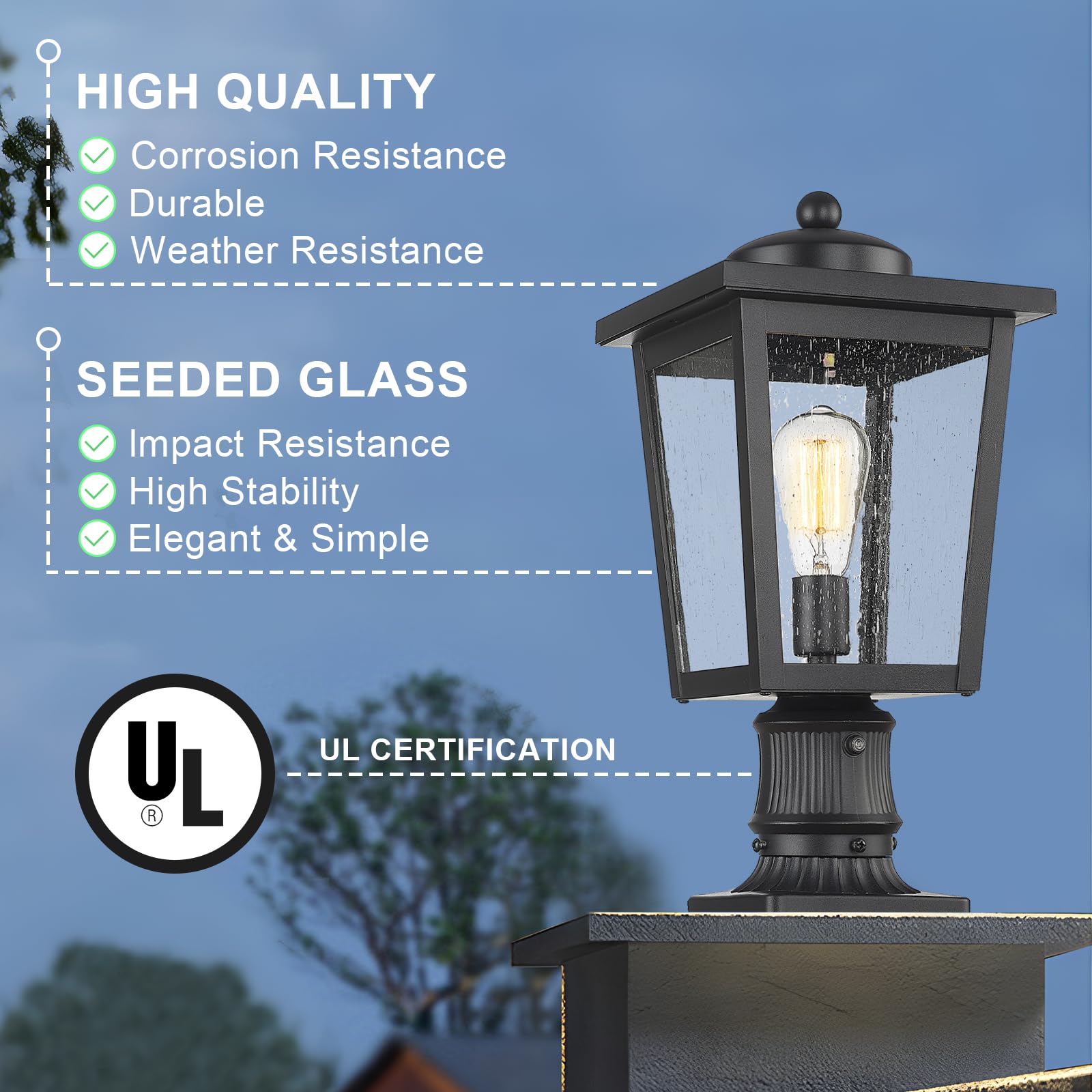 Dusk to Dawn Outdoor Post Lights - Seeded Glass Lamp Post Light Fixture with Black Finish, Waterproof & Rust-Resistant Aluminum Pillar for Walkway, Driveway, Patio, Porch - Perfect for Garden, Yard, and Landscape Lighting
