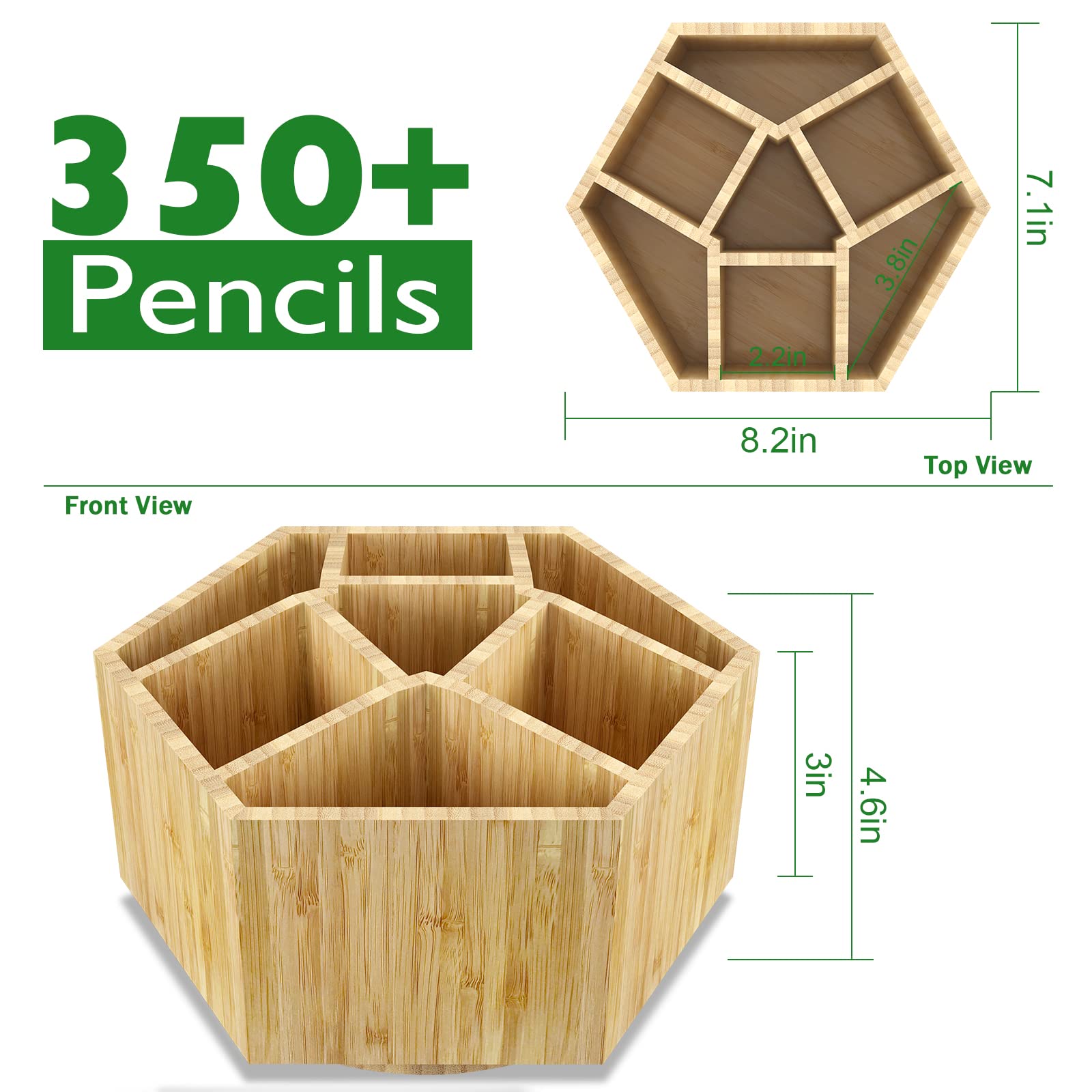 Bamboo Rotating Hexagon and Round Art Supply Organizer - 7 Compartment Desktop Storage Box for Pens, Colored Pencils, Art Brushes | Perfect for School, Office, Art Studio & Craft Room Organization