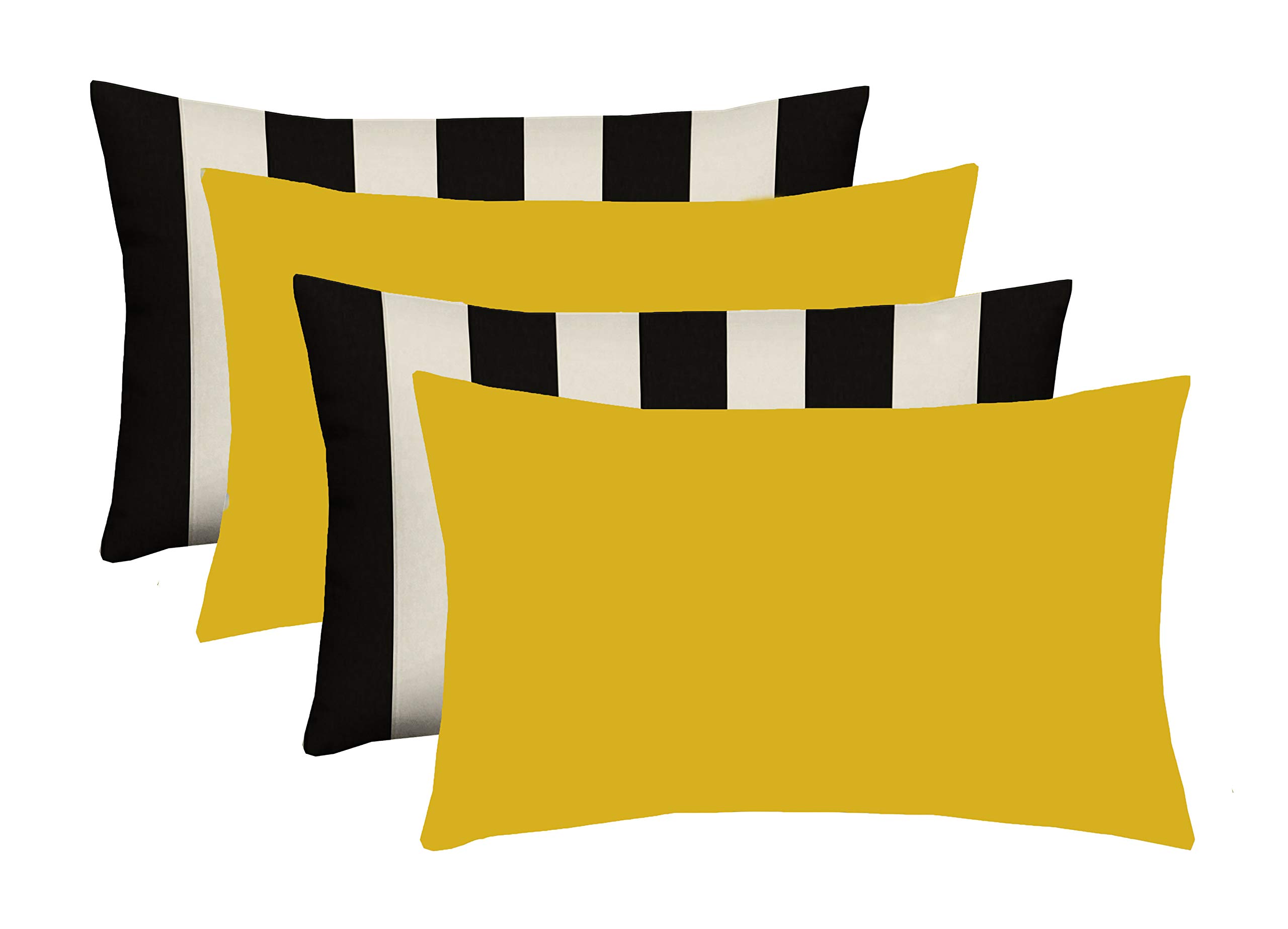 Set of 4 Decorative Lumbar Pillows for Couch - 2 Black & White Striped & 2 Solid Yellow Throw Pillows - Perfect for Sofa, Bed, Patio & Outdoor Furniture Decor