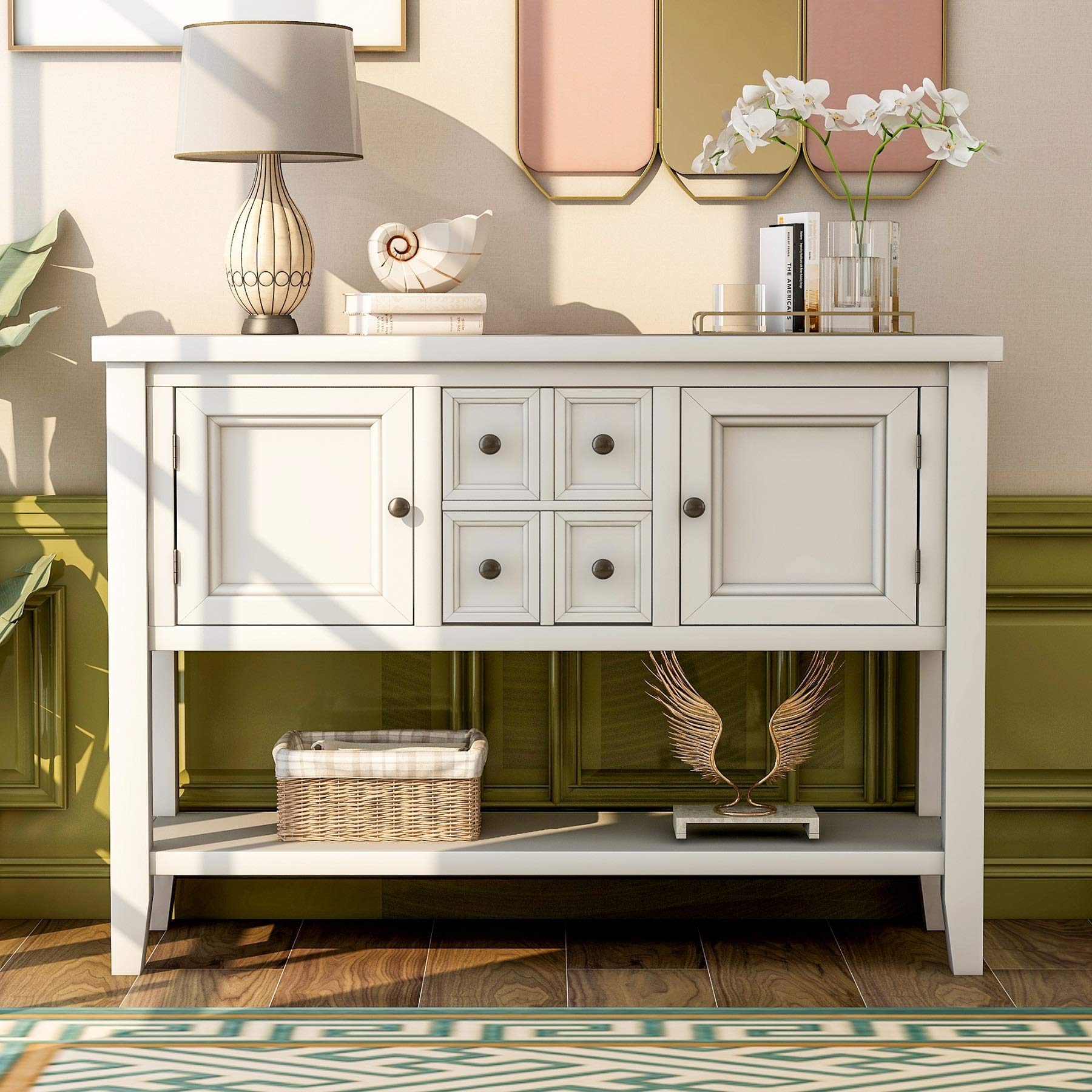Danxee White Wood Buffet Storage Cabinet Console Table with 4 Drawers & Shelves - Kitchen, Dining Room & Living Room Furniture for Home Organization & Stylish Storage