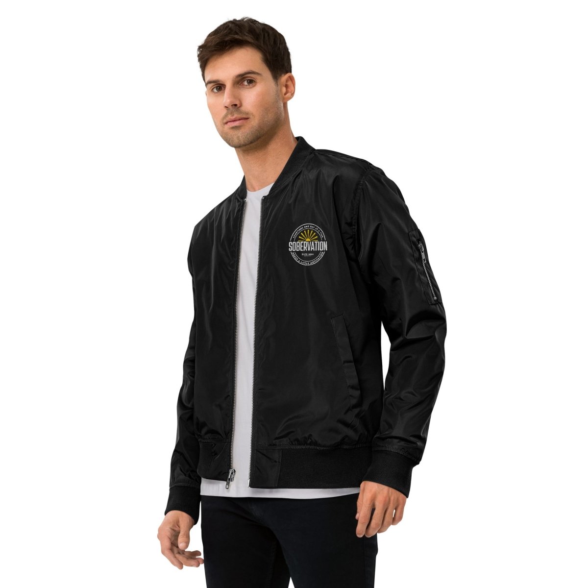 Premium Embroidered Bomber Jacket with Sobervation Logo - Stylish Men's & Women's Lightweight Jacket for Casual Wear, Street Fashion & Outdoor Activities
