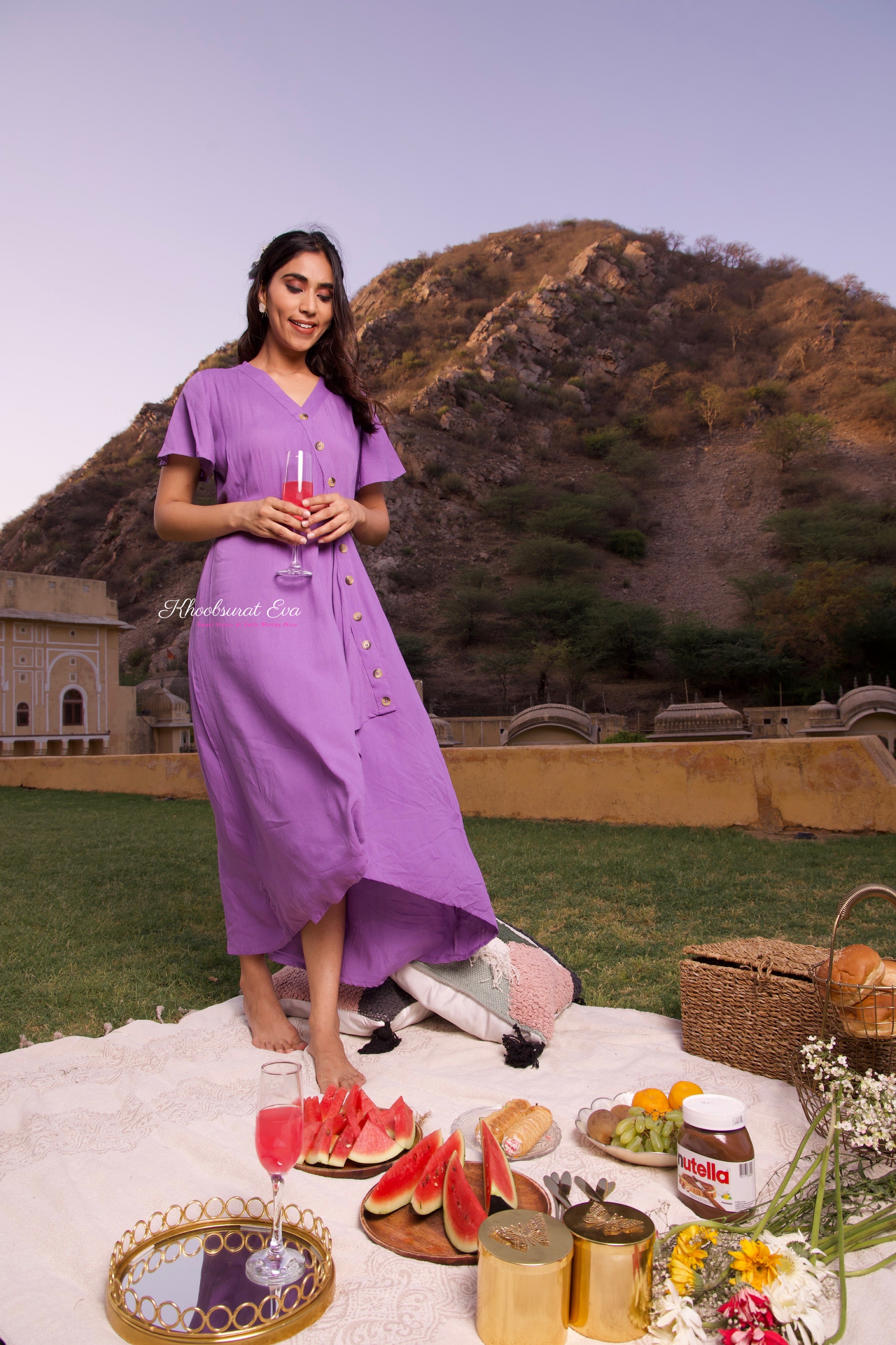 Lavender V-Neck Midi Dress for Women - Flowy Summer Dress with Pockets | Perfect for Beach, Wedding & Casual Outings