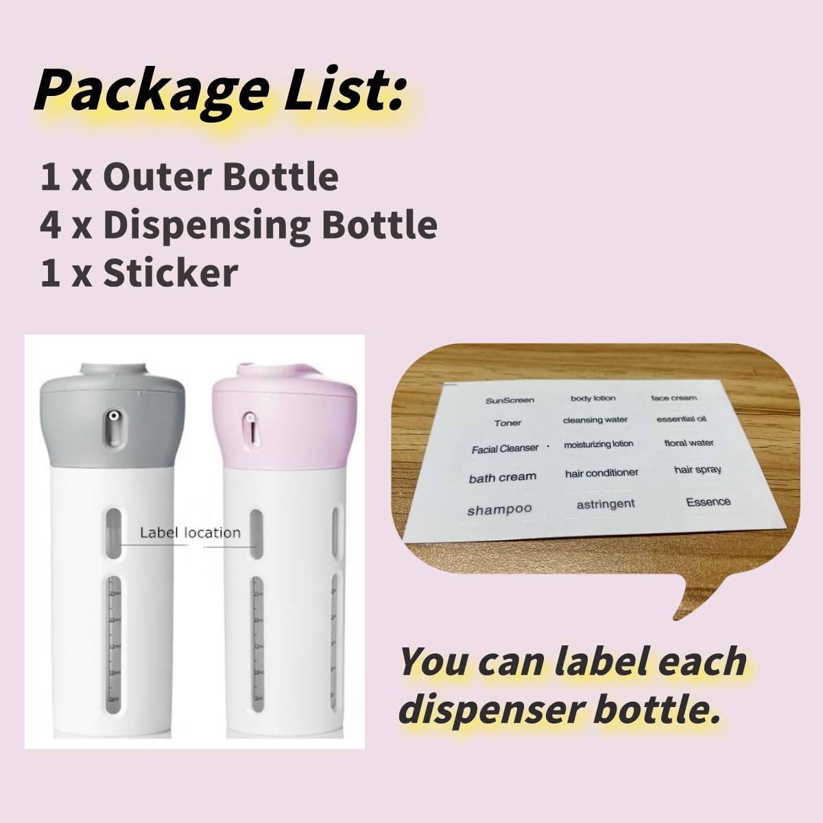 4-in-1 Travel Dispenser Set - Leak-Proof Refillable Shampoo, Lotion & Gel Bottles with Pump for Toiletries, Body Wash & Liquid Creams | Portable Storage Bottles for Hair Care & Beauty Essentials (Pink) - Perfect for Air Travel, Gym, Camping & Vacation Toiletry Kits