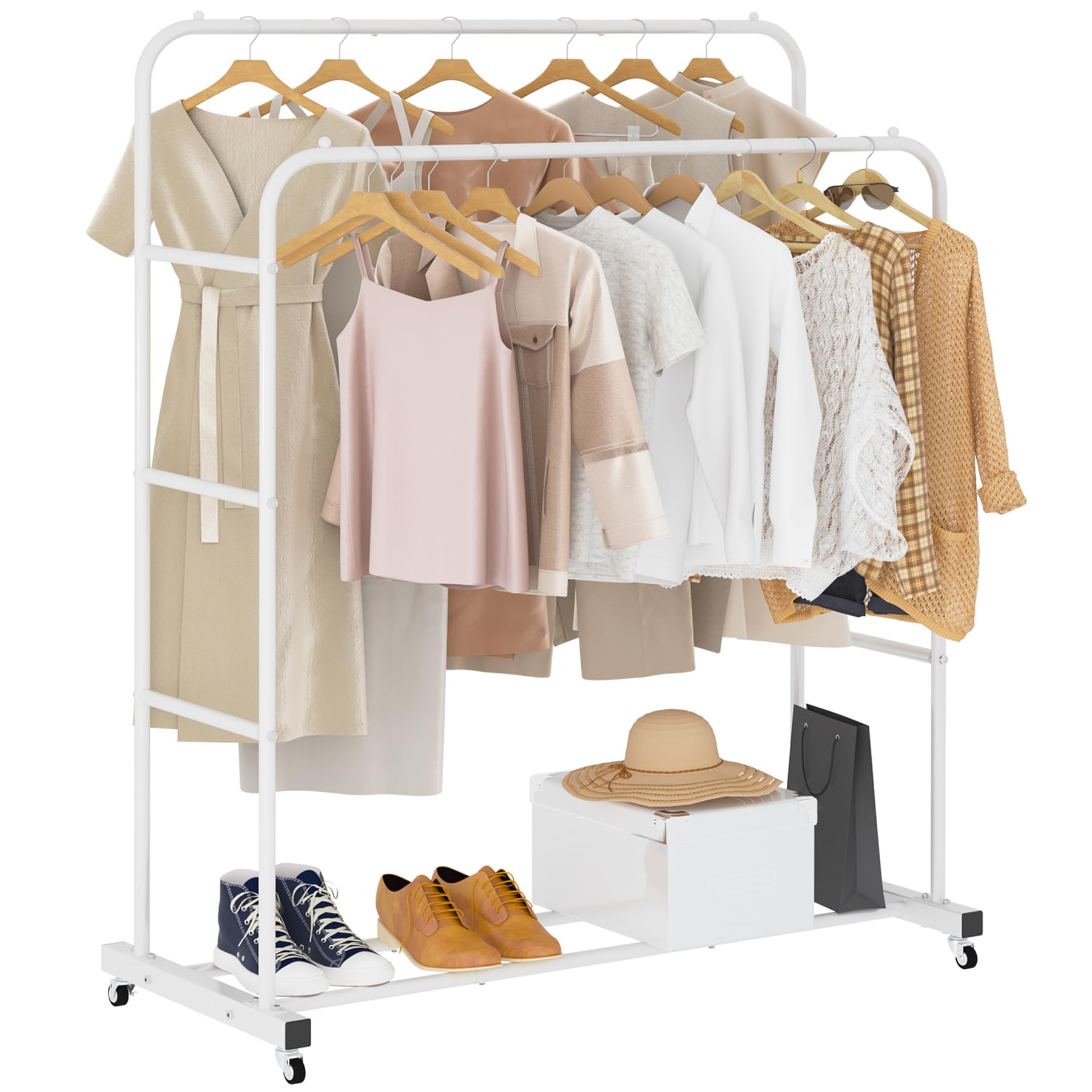 Laiensia Double Rod Rolling Garment Rack with Wheels - Heavy Duty Clothes Hanging Organizer for Bedroom, Closet & Laundry Room - Multi-Functional Freestanding Clothing Rack in White - Perfect for Drying Clothes, Organizing Wardrobe & Temporary Storage
