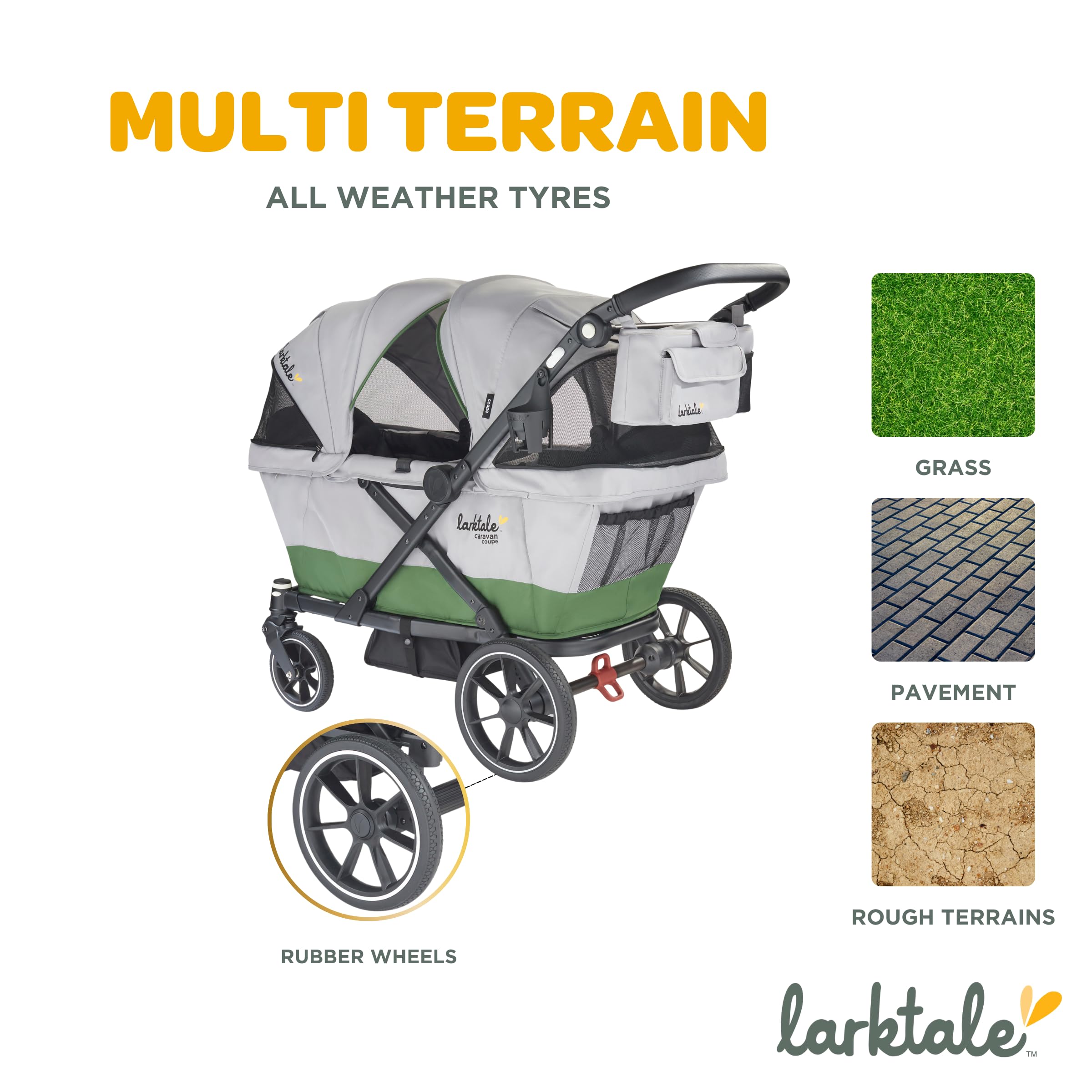 Larktale Caravan Coupe Compact 2-Seater Stroller Wagon - Lightweight Foldable Baby Wagon with Adjustable Canopies (Gray/Green) - Perfect for Travel, Park Outings & Beach Trips