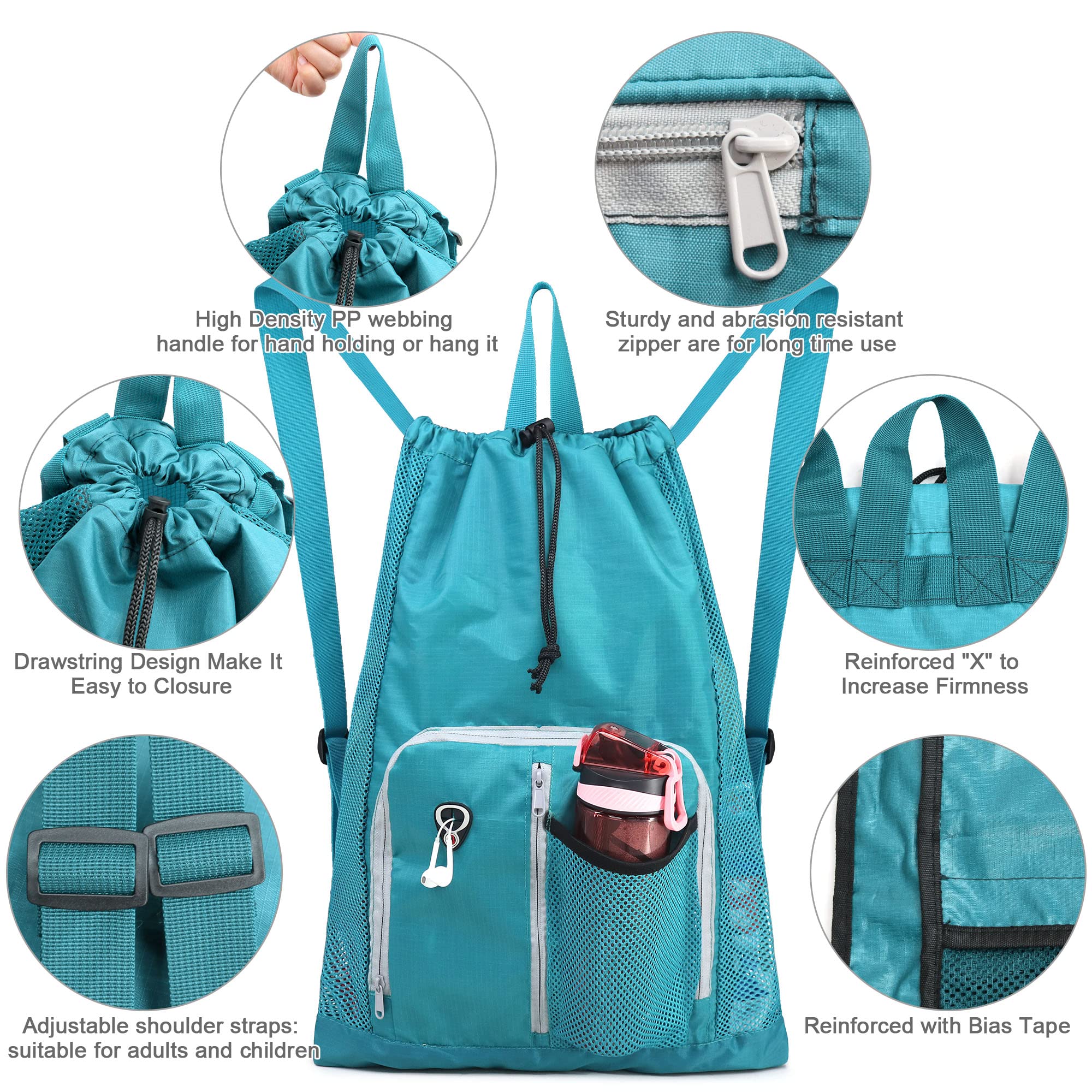 BeeGreen Small Drawstring Backpack - Lightweight Sports Bag for Gym, Workout & Swimming | Water-Resistant Pool & Beach Backpack for Men & Women | Perfect for Travel, Yoga & Outdoor Activities (Lake Blue, 17