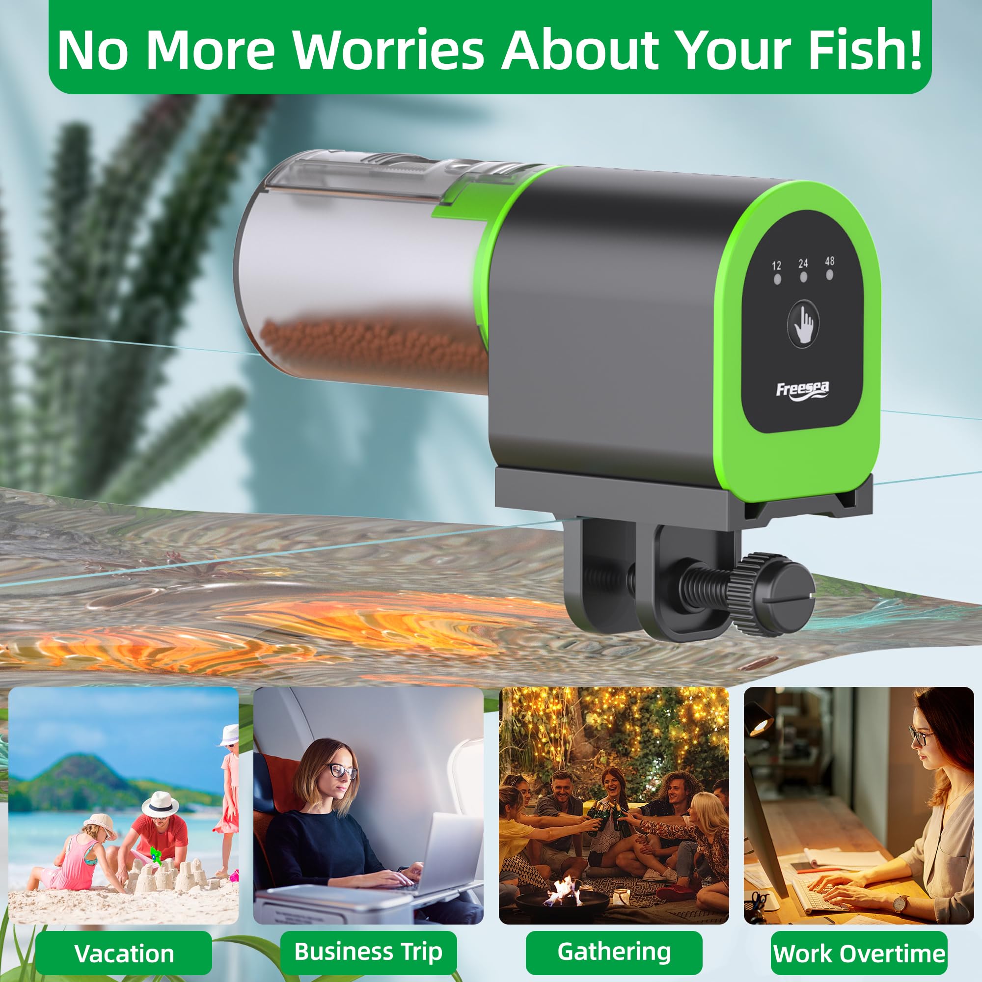 FREESEA Automatic Fish Feeder for Aquarium - USB Rechargeable Auto Fish Food Dispenser with Timer for Vacation & Daily Feeding | Perfect for Small to Medium Fish Tanks