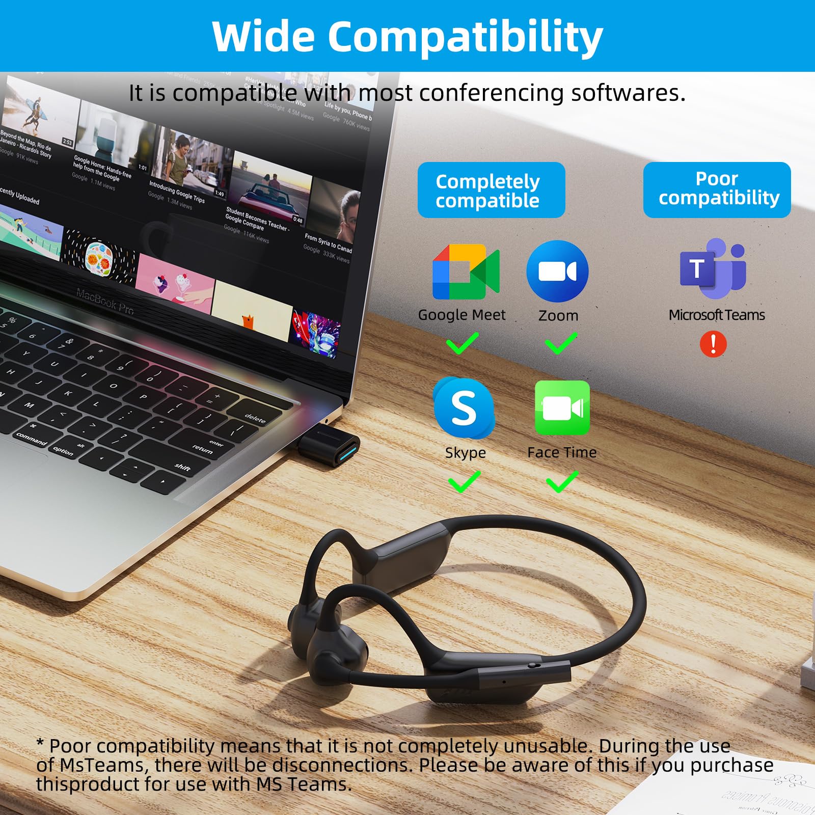 Open Ear Wireless Bluetooth Headset with Mic - Dual Connection Hands-Free Headphones for Business, PC, PS4, PS5 - Perfect for Online Teaching, Meetings & Call Centers