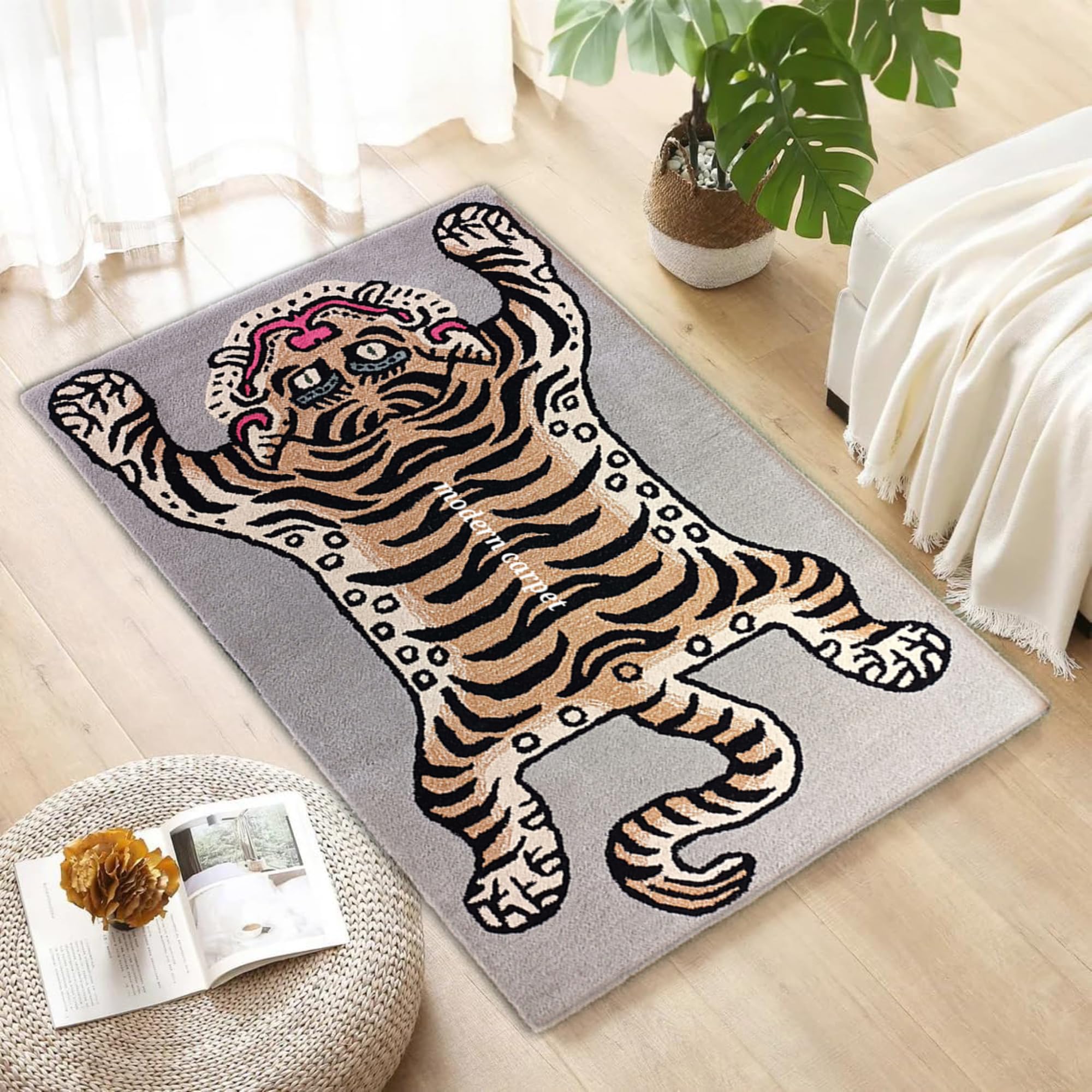 Handmade Tibetan Tiger Rug - 3x5 Ft 100% Wool Tufted Animal Skin Carpet for Living Room & Bedroom Decor | Modern Boho Home Accent | Perfect for Cozy Spaces & Meditation Areas