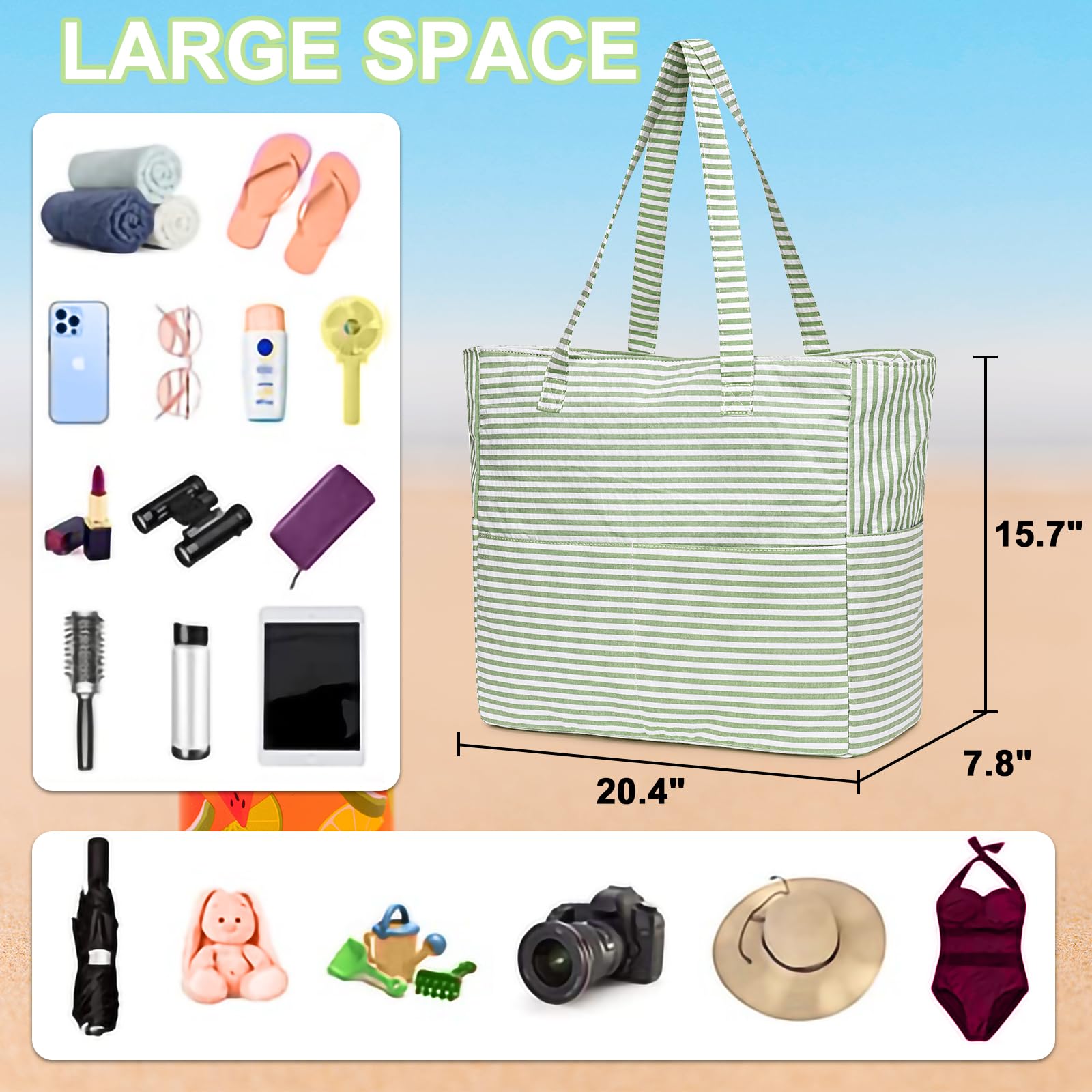 LEDAOU Large Waterproof Beach Tote Bag for Women - Sandproof Zippered Pool & Gym Bag with Wet Pocket - Perfect for Beach, Travel, Grocery Shopping & Outdoor Activities