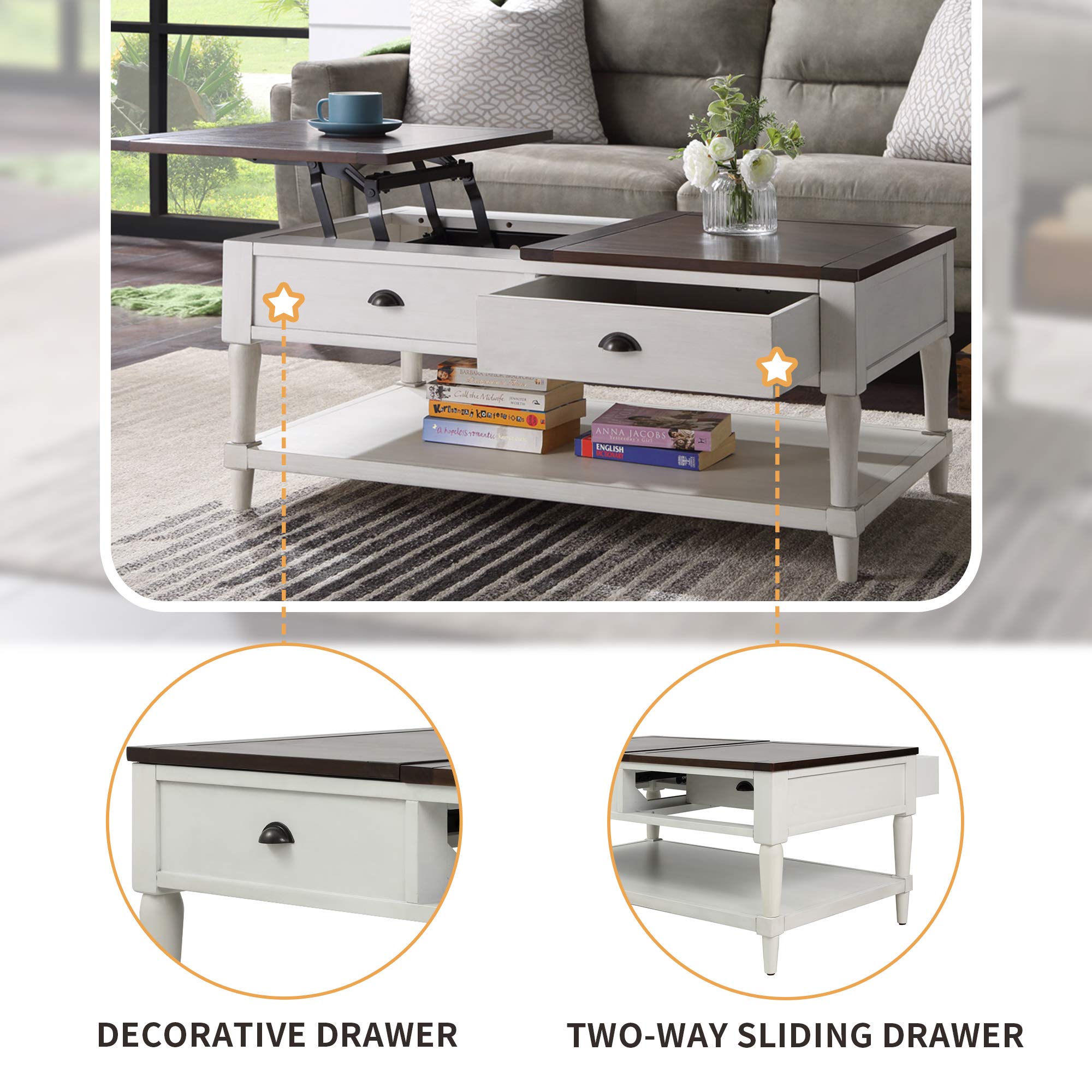 Lift Top Coffee Table with Drawer and Shelf - Solid Wood Modern End Table for Living Room, Home Office - White & Brown - Perfect for Small Spaces, Storage & Stylish Decor