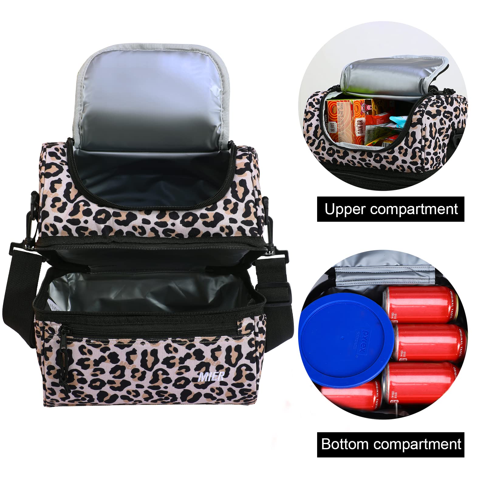 MIER Insulated Lunch Bag for Adults - Large Double Deck Cooler Tote for Women & Men, Leopard Print (Perfect for Work, Picnics & Outdoor Activities)