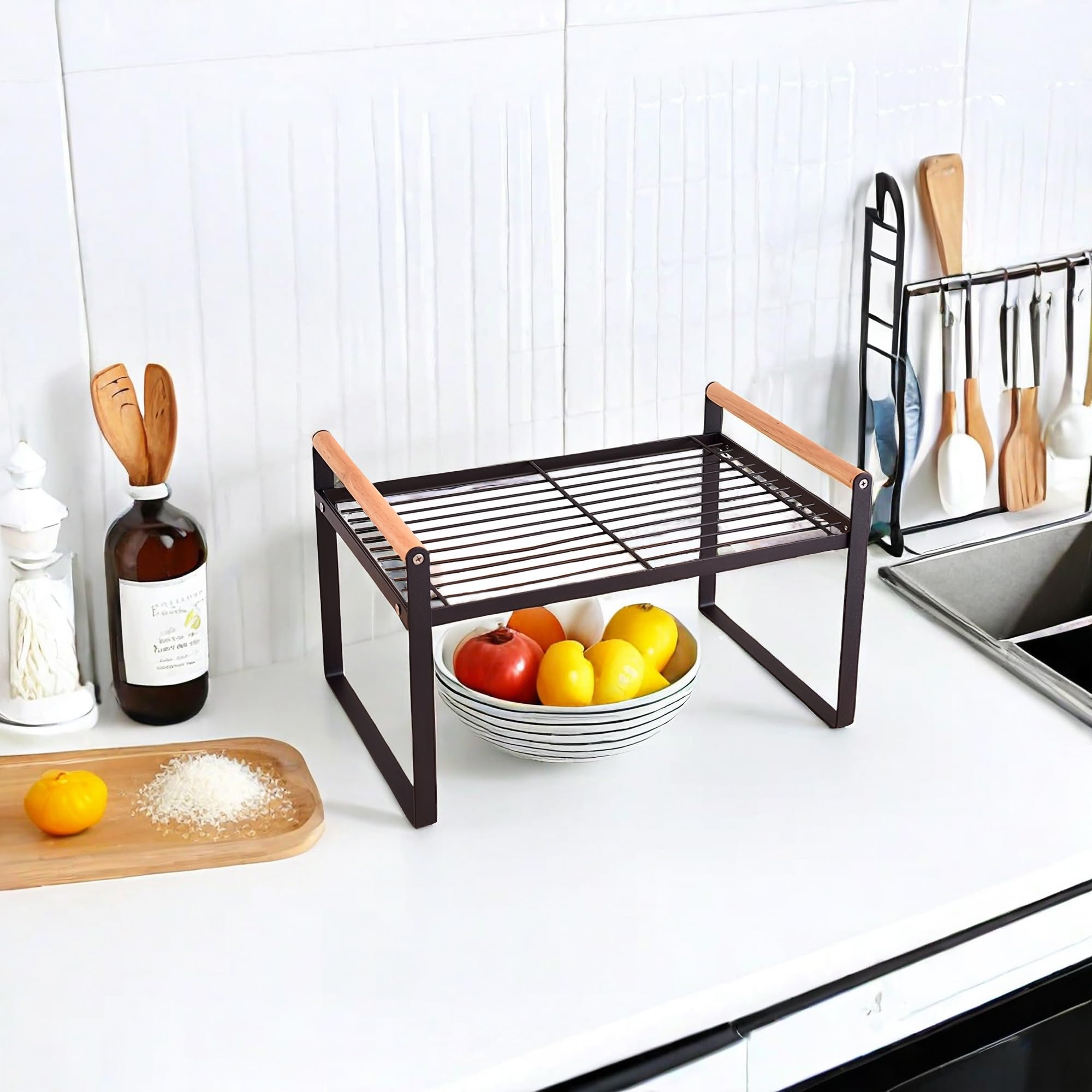 TIEYIPIN Cabinet Organizer Shelf - Kitchen Counter Storage Rack with Wooden Handle, 2-Tier Iron Wire Shelf for Bowls, Dishes & Spices - Space Saving Organizer for Pantry, Bathroom or Office (Black, 1 Pack)