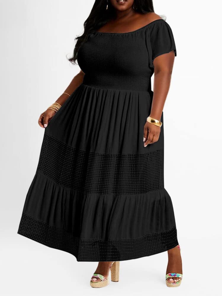 **IWFEV Plus Size Lace Dress - Boat Neck Short Sleeve High Waist Maxi Dress for Women, Elegant Evening Gown for Parties, Weddings & Special Occasions**
