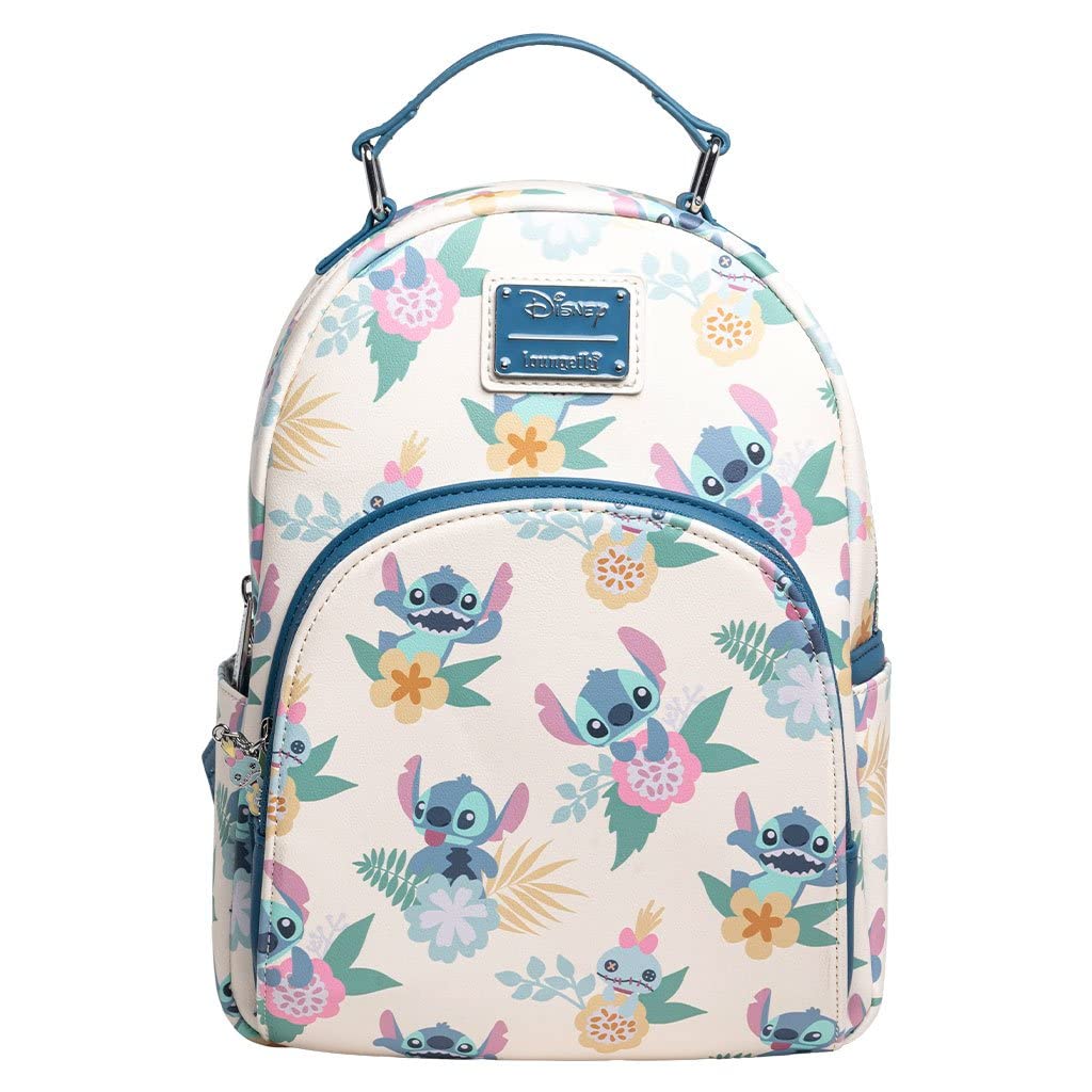 Disney Stitch and Scrump AOP Backpack - Loungefly x Disney Lilo & Stitch Hawaiian Flowers Design, Cute Anime Crossbody Bag for Women & Girls, Perfect for School, Travel, and Disney Theme Park Visits