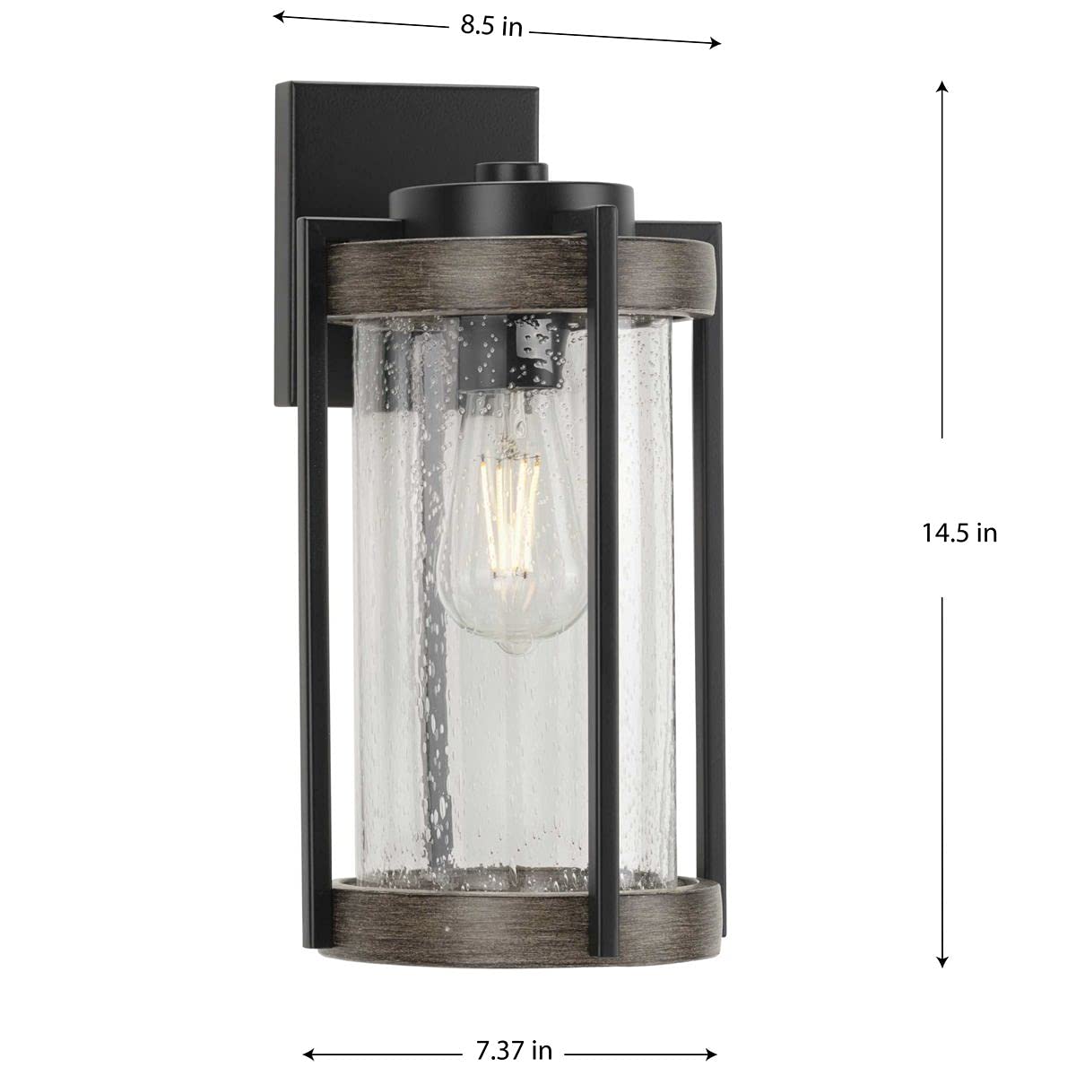 Whitmire Collection 1-Light Clear Seeded Glass Farmhouse Outdoor Wall Lantern with Aged Oak Accents in Matte Black - Perfect for Porch, Patio, Garden, and Entryway Lighting