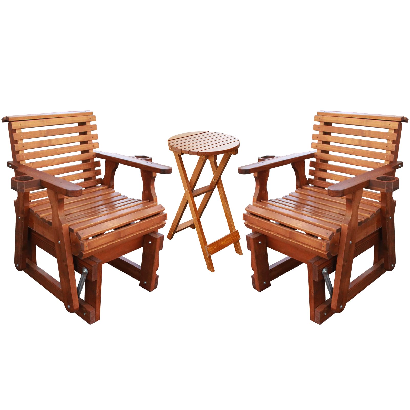 3-Piece Outdoor Glider Patio Furniture Set with Round Side Table - Wooden Porch Swing Chair with Cup Holder, High Back & Deep Contoured Seat - Perfect for Porch, Patio, Balcony & Garden Relaxation - Cedar Brown