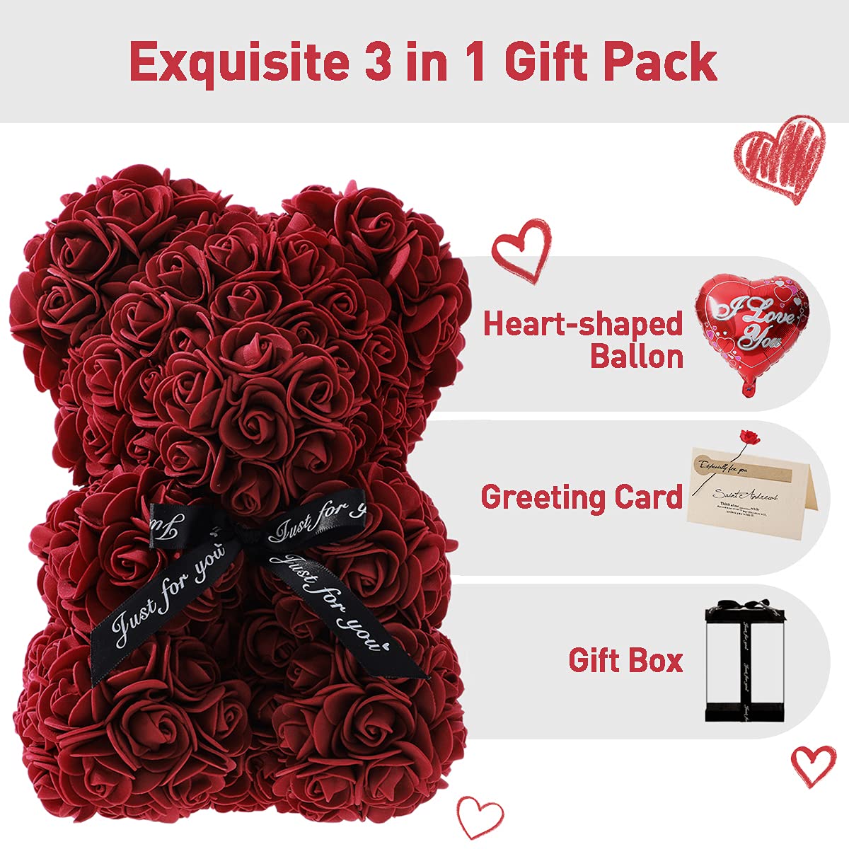Handmade Rose Teddy Bear Gift for Women - Deep Red Rose Flower Bear with Clear Gift Box & Greeting Card | Perfect for Mother's Day, Valentine's Day, Anniversary & Bridal Showers | Romantic Home Decor & Special Occasion Present