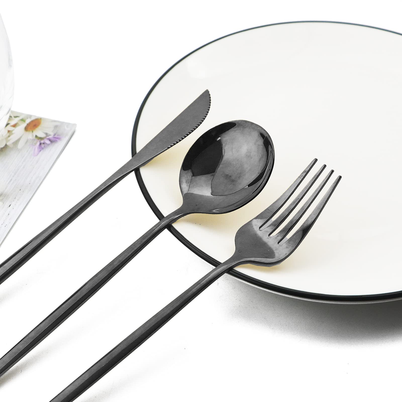 JASHII 32-Piece Stainless Steel Flatware Set - Silverware Cutlery Set for 4 with Cake Fork & Long Handle Spoon - Elegant Tableware for Dining, Dishwasher Safe (Shiny Black) - Perfect for Dinner Parties, Weddings & Everyday Use