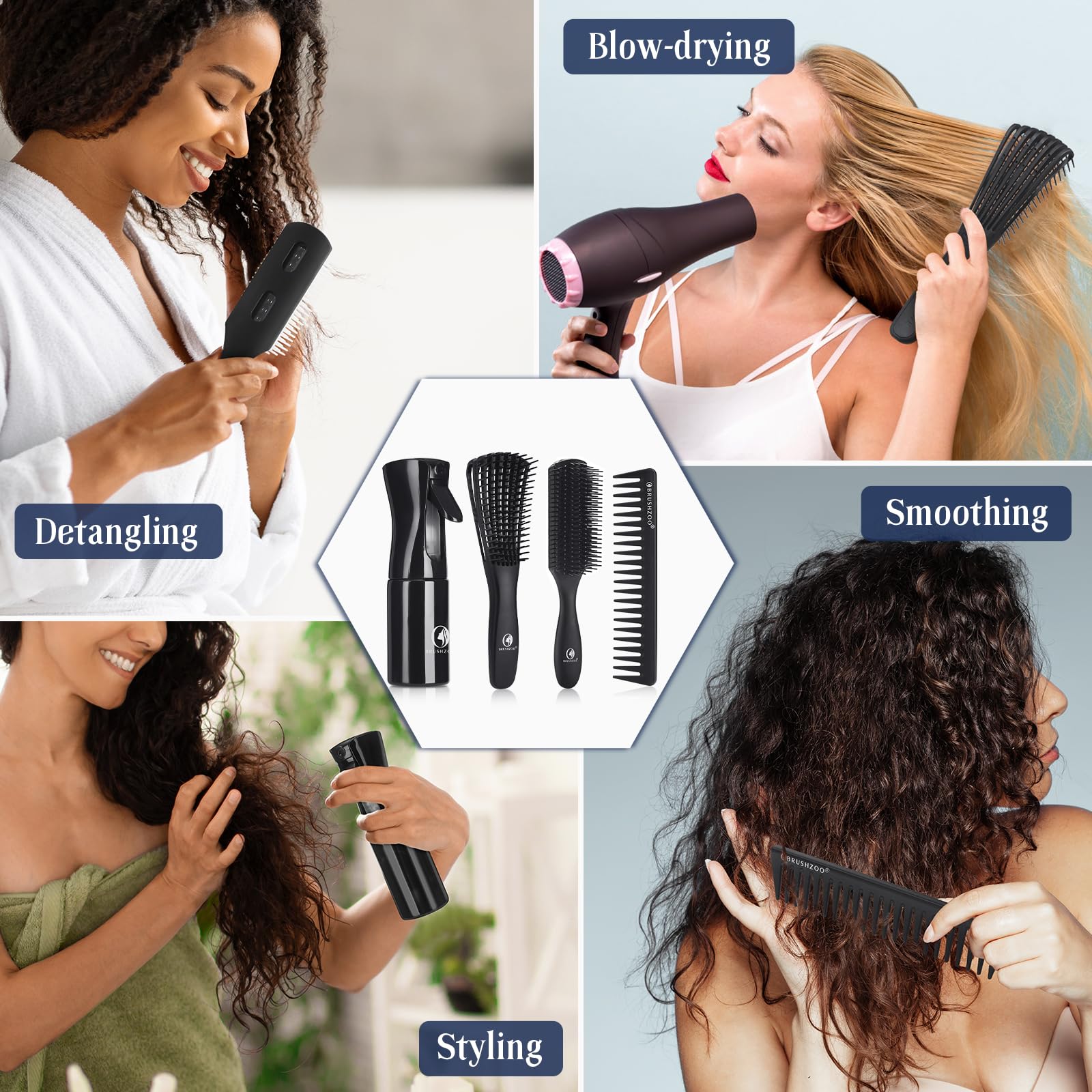 BRUSHZOO Hair Brush Set for Women, Men & Kids - Detangling Brush for Curly, Natural & 3/4abc Hair with Wide Tooth Comb & Spray Bottle | Perfect for Home, Travel & Salon Styling
