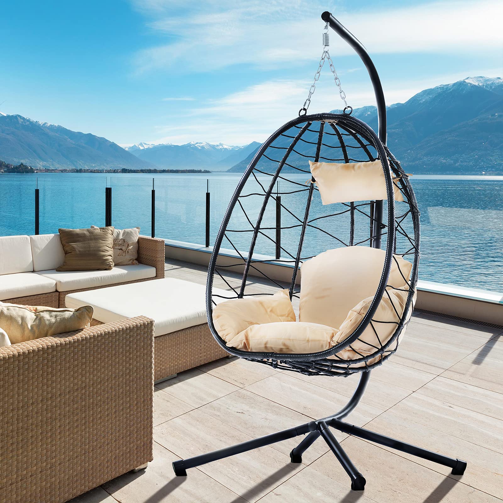 Olela Egg Chair with Stand - 300 LBS Capacity Indoor/Outdoor Wicker Hanging Swing Chair for Patio, Balcony, Garden - Perfect for Relaxing & Lounging (Black & Beige)