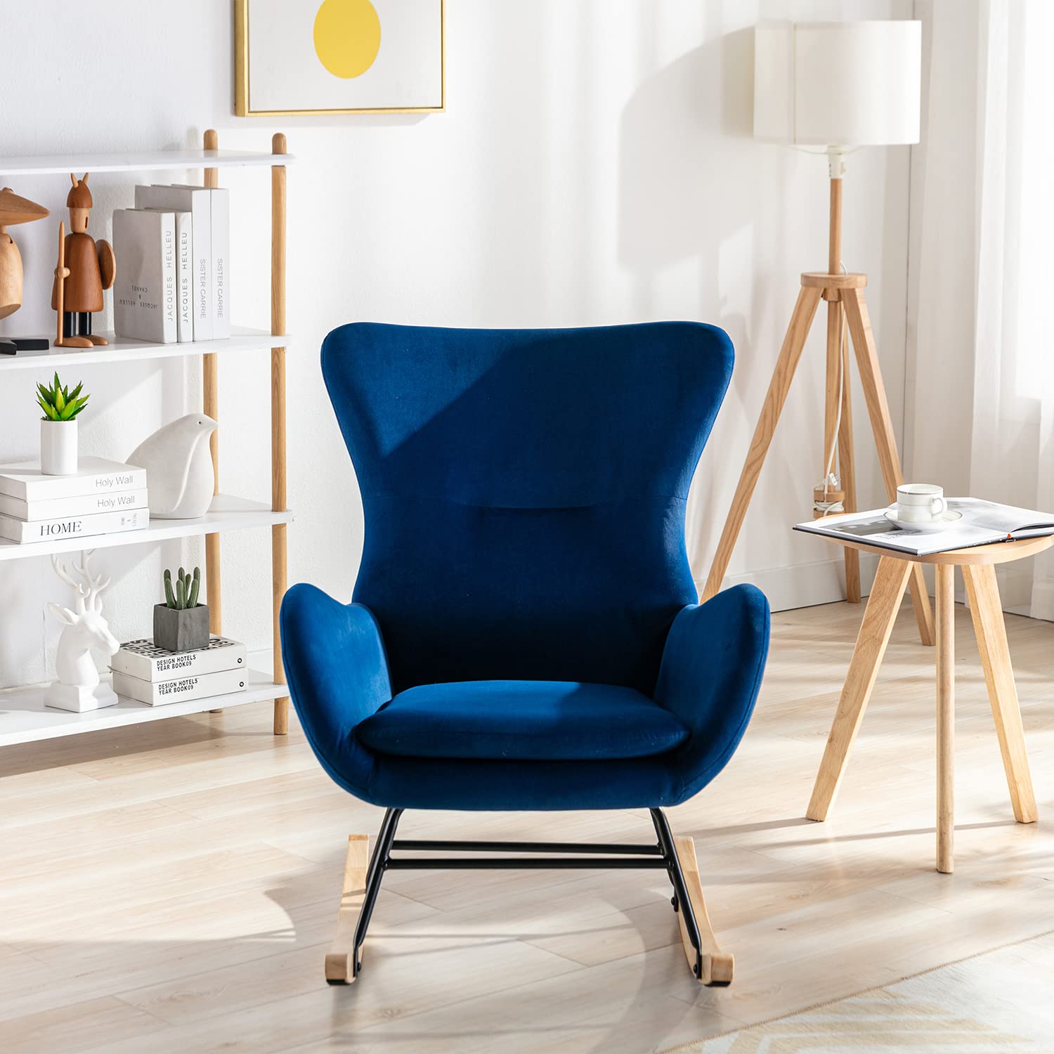 Modern Rocking Chair - Comfortable Upholstered Accent Chair with High Backrest & Armrests, Nursery Glider Rocker for Baby Room, Living Room & Bedroom (Blue) - Perfect for Nursing, Relaxing & Reading