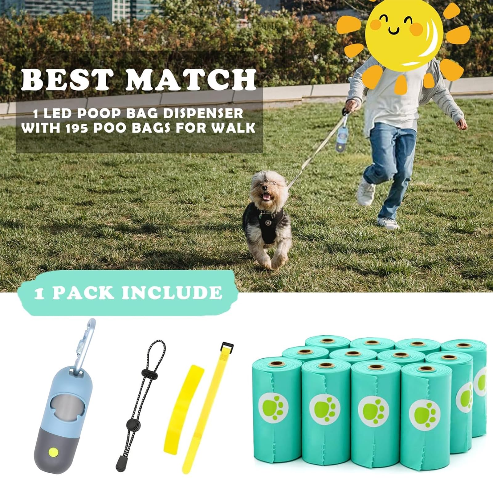 **LED Dog Waste Bags Holder with 13 Leak-Proof Rolls & USB Rechargeable Flashlight – Portable Poop Bag Dispenser for Night Walks (Sky Blue) – Perfect for Pet Owners, Dog Walking & Outdoor Adventures**