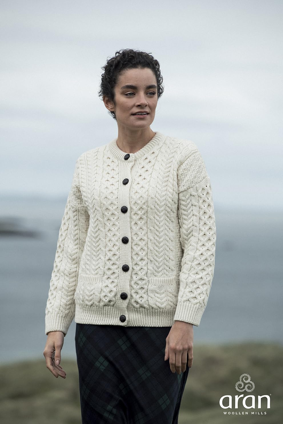 Achill Women's Irish Cable Knit Aran Cardigan - 100% Merino Wool Sweater, Handmade in Ireland - Cozy Winter Wear for Office, Travel & Casual Outfits