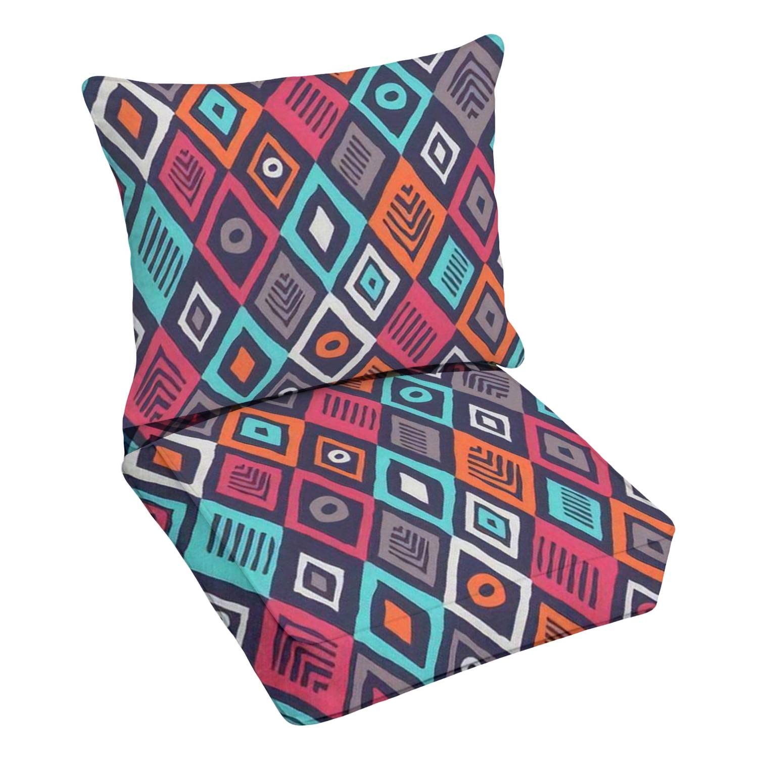 Outdoor Deep Seating Cushion Set - Abstract Rhombus Pattern with Seamless Grunge Tribal Texture - Premium Replacement Cushions for Patio Lounge Chairs - Perfect for Backyard, Poolside, and Outdoor Conversation Areas