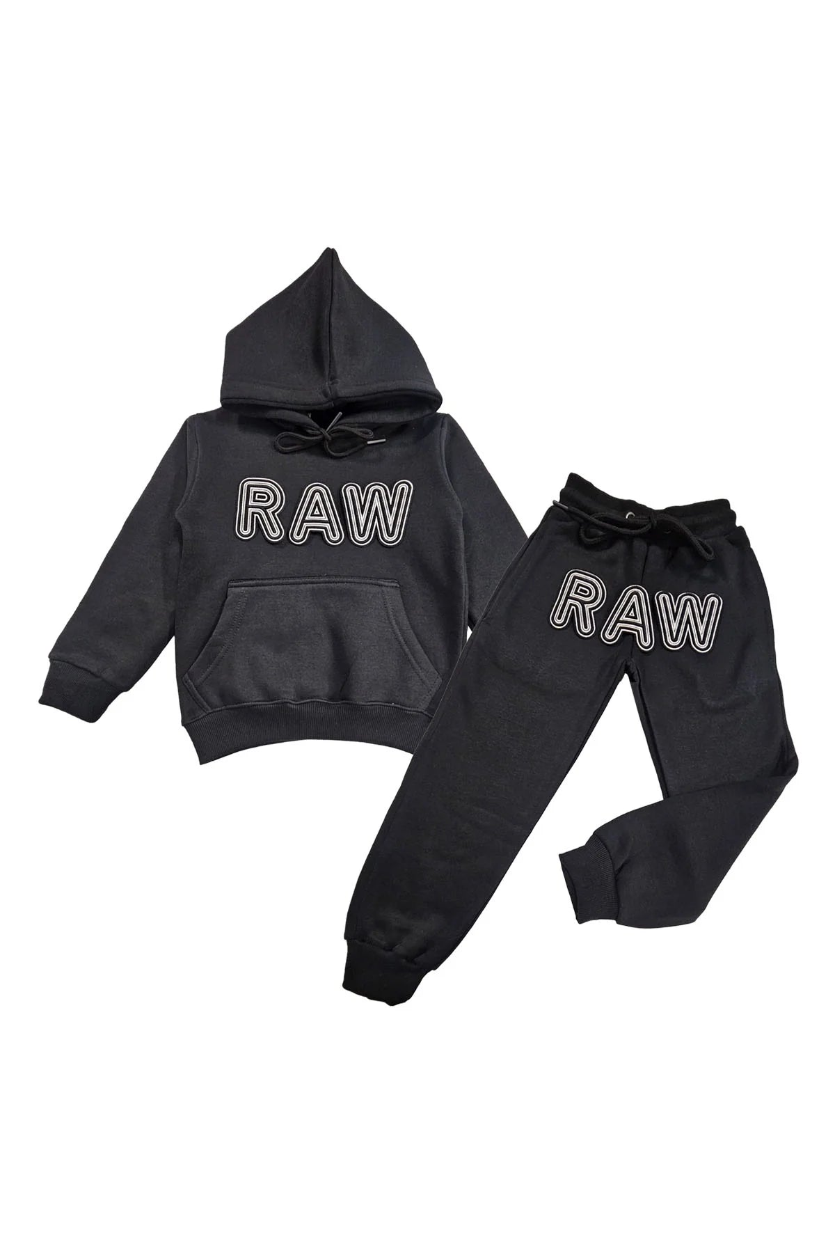 Rawyalty Kids 001 RAW Black/White 3D Embroidery Hoodie and Jogger Set - Stylish Matching Outfit for Boys & Girls - Perfect for School, Playdates, and Family Photos