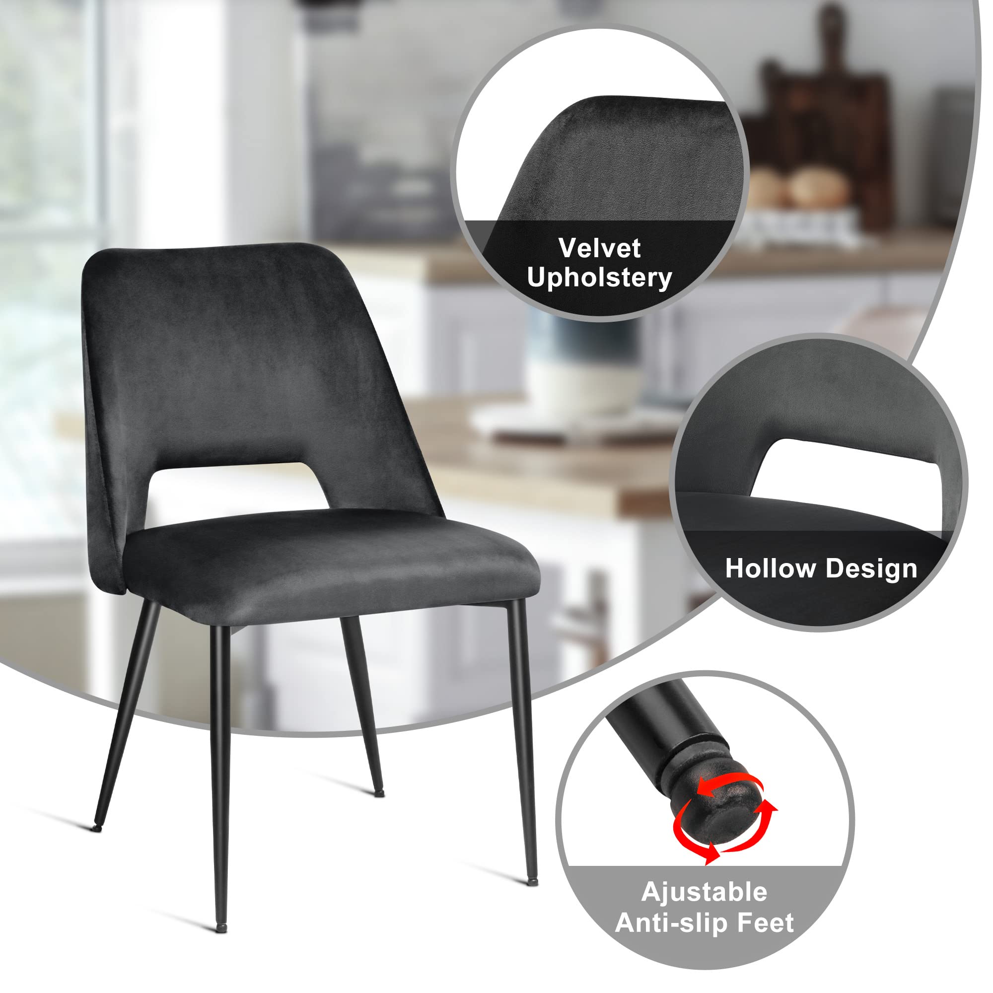 Modern Velvet Dining Chairs Set of 2 - Thick Cushioned Kitchen & Dining Room Chairs with Sturdy Metal Legs - Elegant Black Upholstered Seating for Home, Restaurant or Office Use