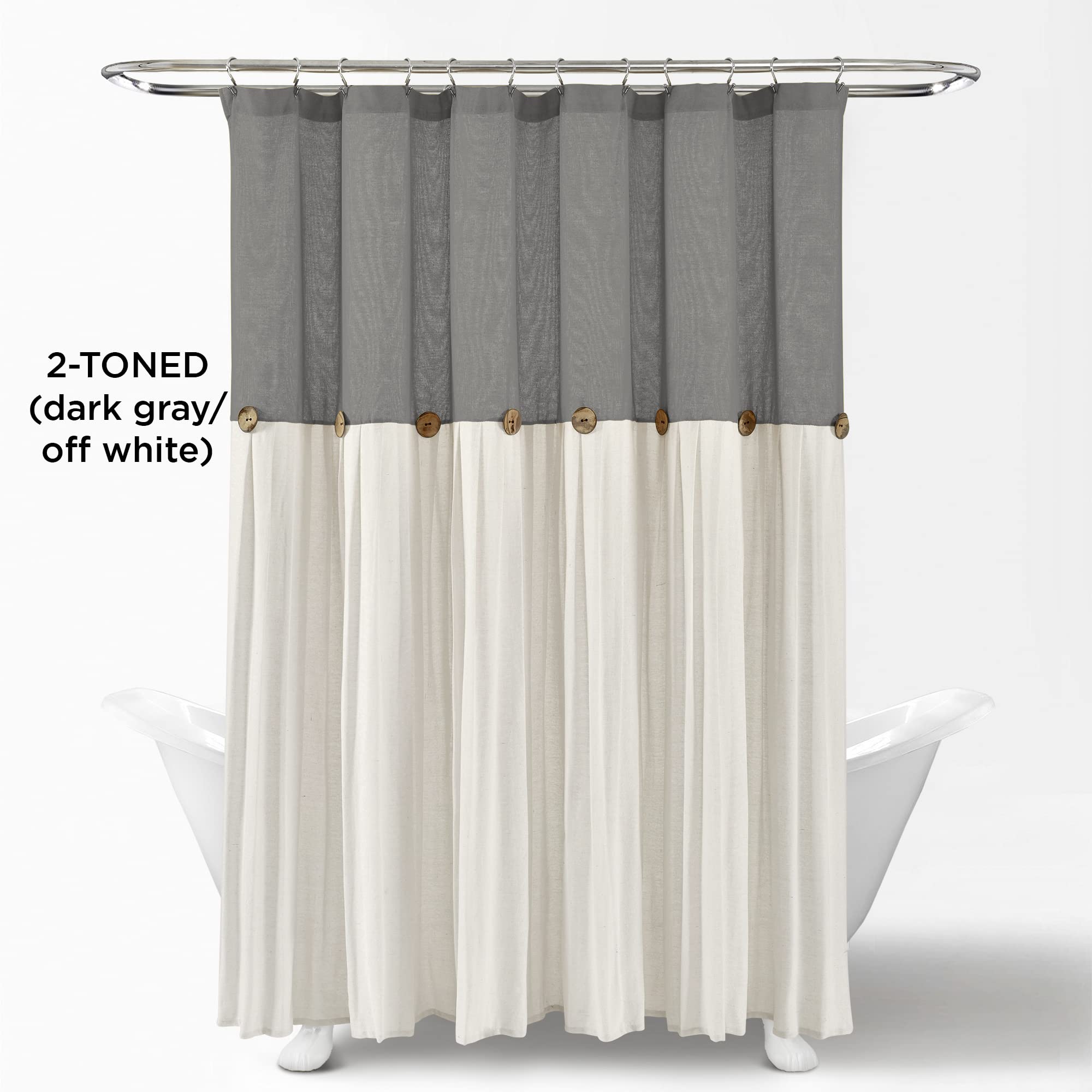 Rustic Linen Shower Curtain with Coconut Buttons - Dark Gray & White Farmhouse Bath Decor for Modern Bathrooms
