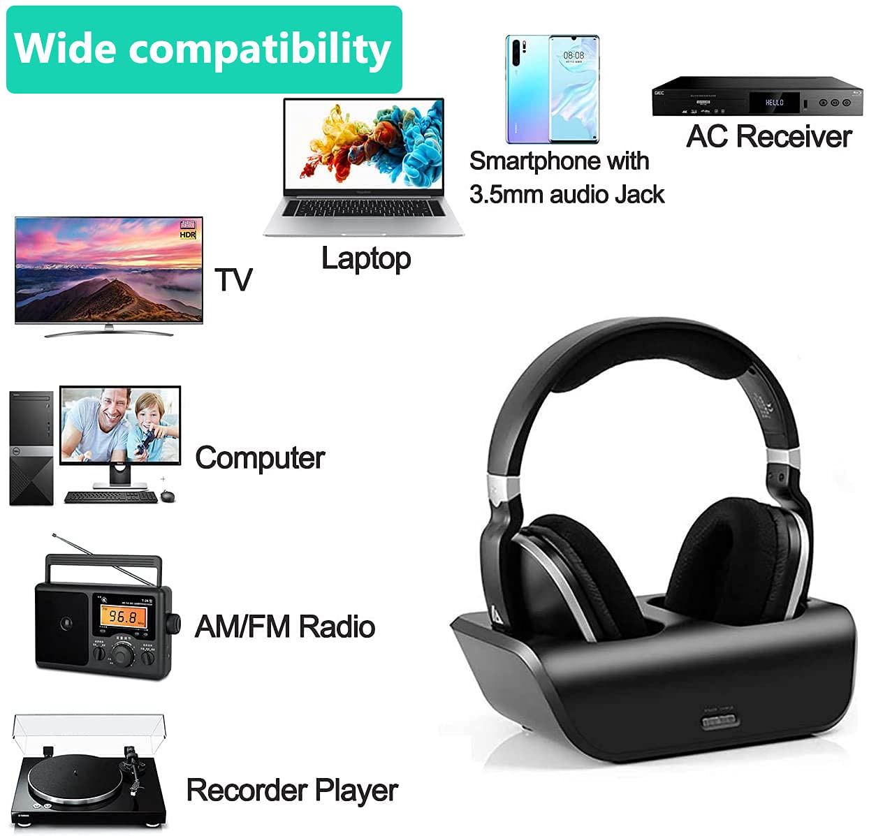 MONODEAL Wireless TV Headphones with Charging Dock - 2.4GHz RF Over-Ear Headphones for Seniors, 100ft Range & 20H Rechargeable Battery - Perfect for Nighttime TV Watching Without Disturbing Others (Black)