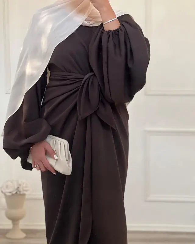 Elegant Satin Abaya Dress with Midi Wrap - Modest Muslim Women's Prayer Dress for Eid, Ramadan & Special Occasions