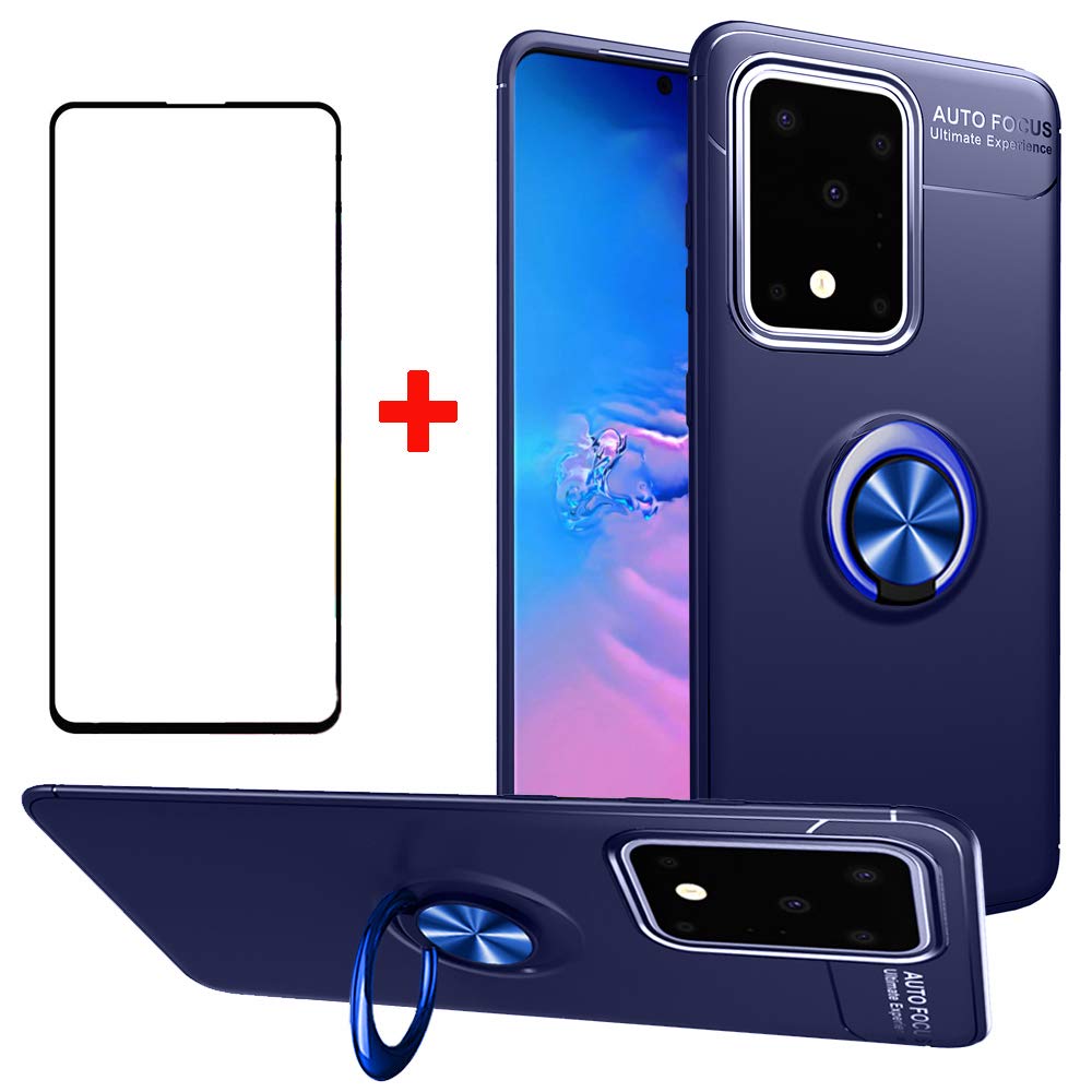 Samsung Galaxy A51 4G Phone Case with Tempered Glass Screen Protector - Slim Soft Silicone Cover with Magnetic Stand & Ring Holder - Compatible with Galaxy A51/A515F/S51/SM-A515 (Blue) - Perfect for Everyday Protection & Hands-Free Viewing