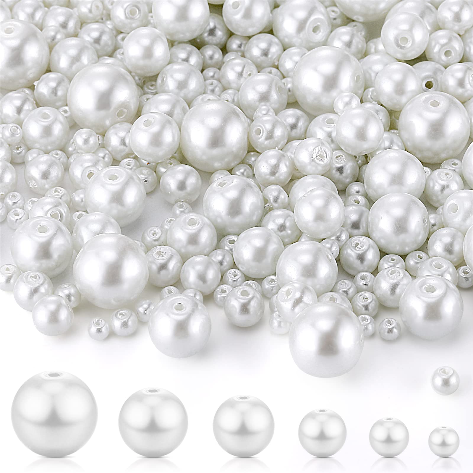 Sureio 1000PCS Glass Pearl Beads for Jewelry Making - 6 Sizes Round Seed Beads with Holes, Bulk Tiny Satin Luster Loose Faux Pearls for DIY Necklace, Bracelet, Earrings & Home Decor (White) - Perfect for Crafting, Wedding Accessories & Gift Making
