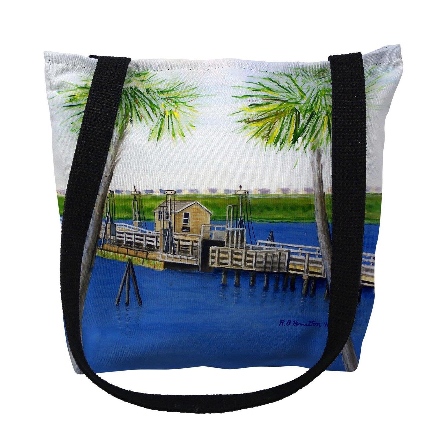 Betsy Drake Sunset Beach NC Bridge Medium Tote Bag 16x16 - Stylish Canvas Beach Tote for Shopping, Travel & Everyday Use